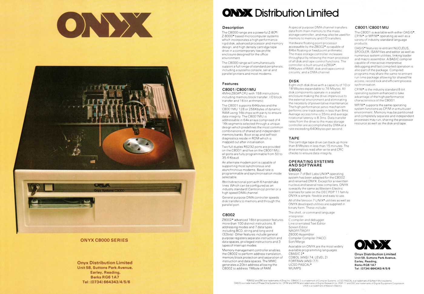 An earlier advert, from Onyx's UK distributor Onyx Distribution Ltd, for the C8000 series showing more details about the systems available, and also showing a much-less-mangled Onyx logo. From Practical Computing, April 1981