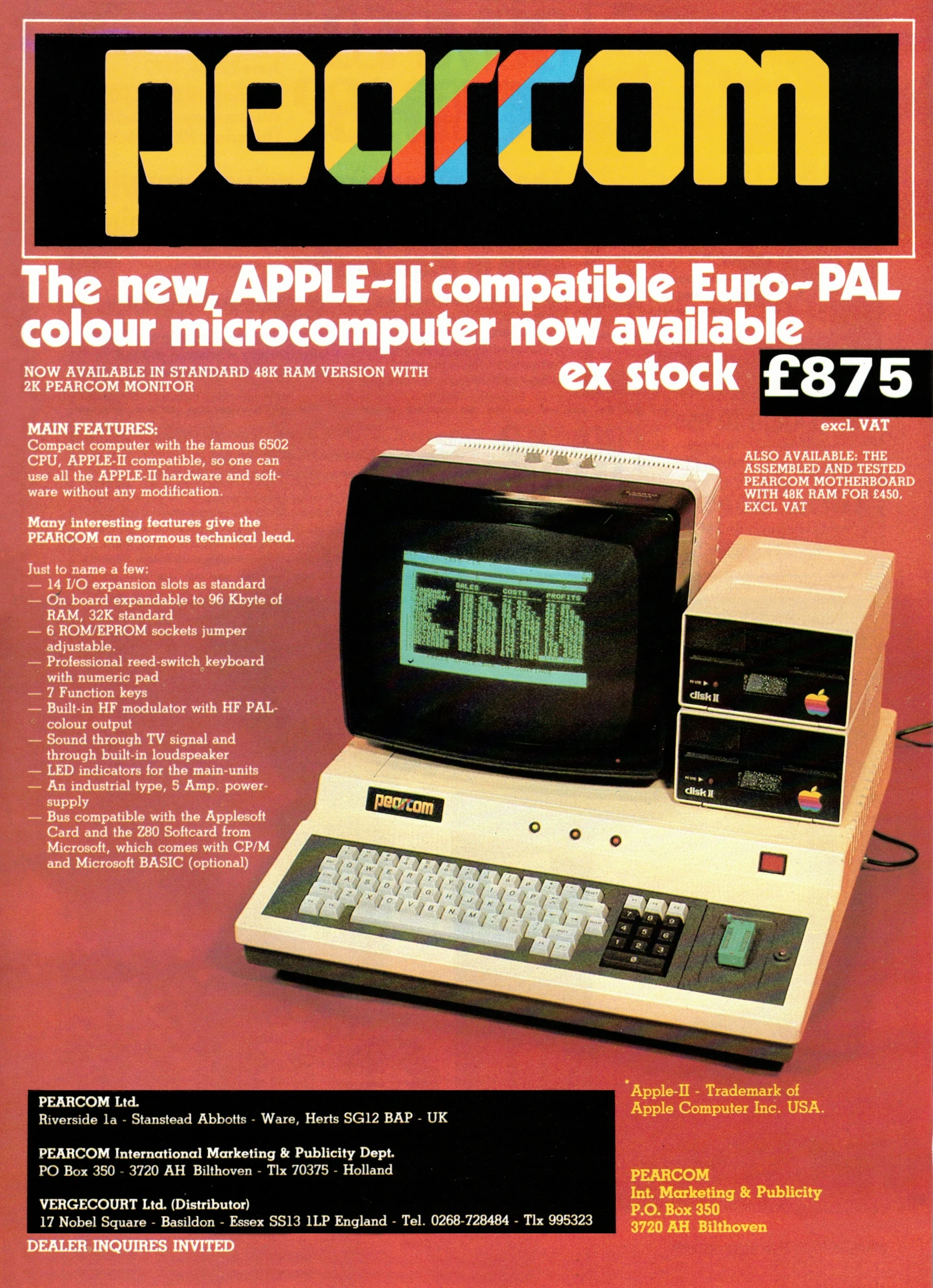 Another advert for the Pearcom from the following year, in which Pearcom is much more blatantly featuring the <span class='hilite'>Apple II</span>-compatibility of its machine, even showing a pair of Apple's own disk II floppy disk units. The machine has also had a £100 price cut. From Practical Computing, June 1982 Another advert for the Pearcom from the following year, in which Pearcom is much more blatantly featuring the <span class='hilite'>Apple II</span>-compatibility of its machine, even showing a pair of Apple's own disk II floppy disk units. The machine has also had a £100 price cut. From Practical Computing, June 1982
