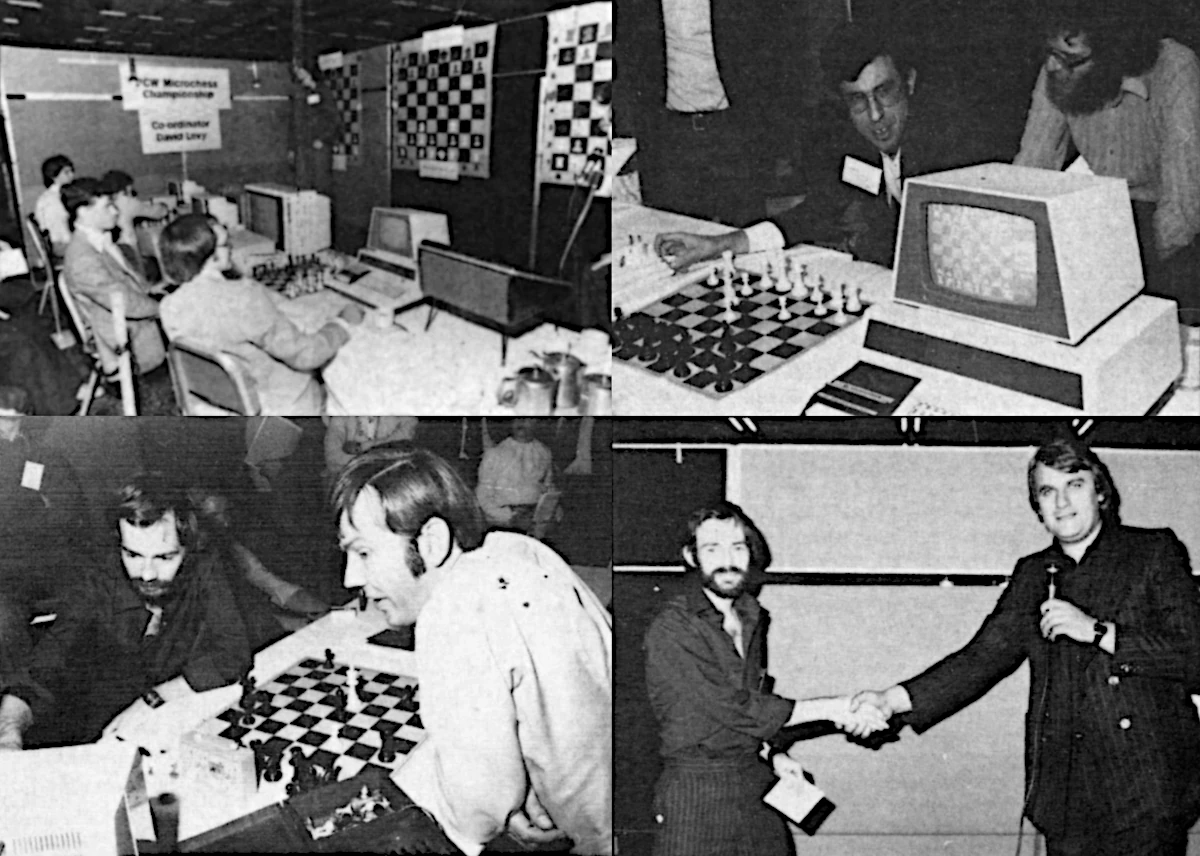 Europe's first-ever microcomputer chess championship - the P​CW Microchess Championship - held in September 1978. David Levy is on the left of the top-right-hand photo, which also shows Personal Software's Microchess 2.0 running on a Commodore PET 2001. On the bottom left, Mike Johnson's Mike plays Rex Kent with Boris, and Mike Johnson is presented with a cheque for £200 by (probably) Angelo Zgorolec of Personal Computer World in the bottom-right photo. From Personal Computer World, November 1978.