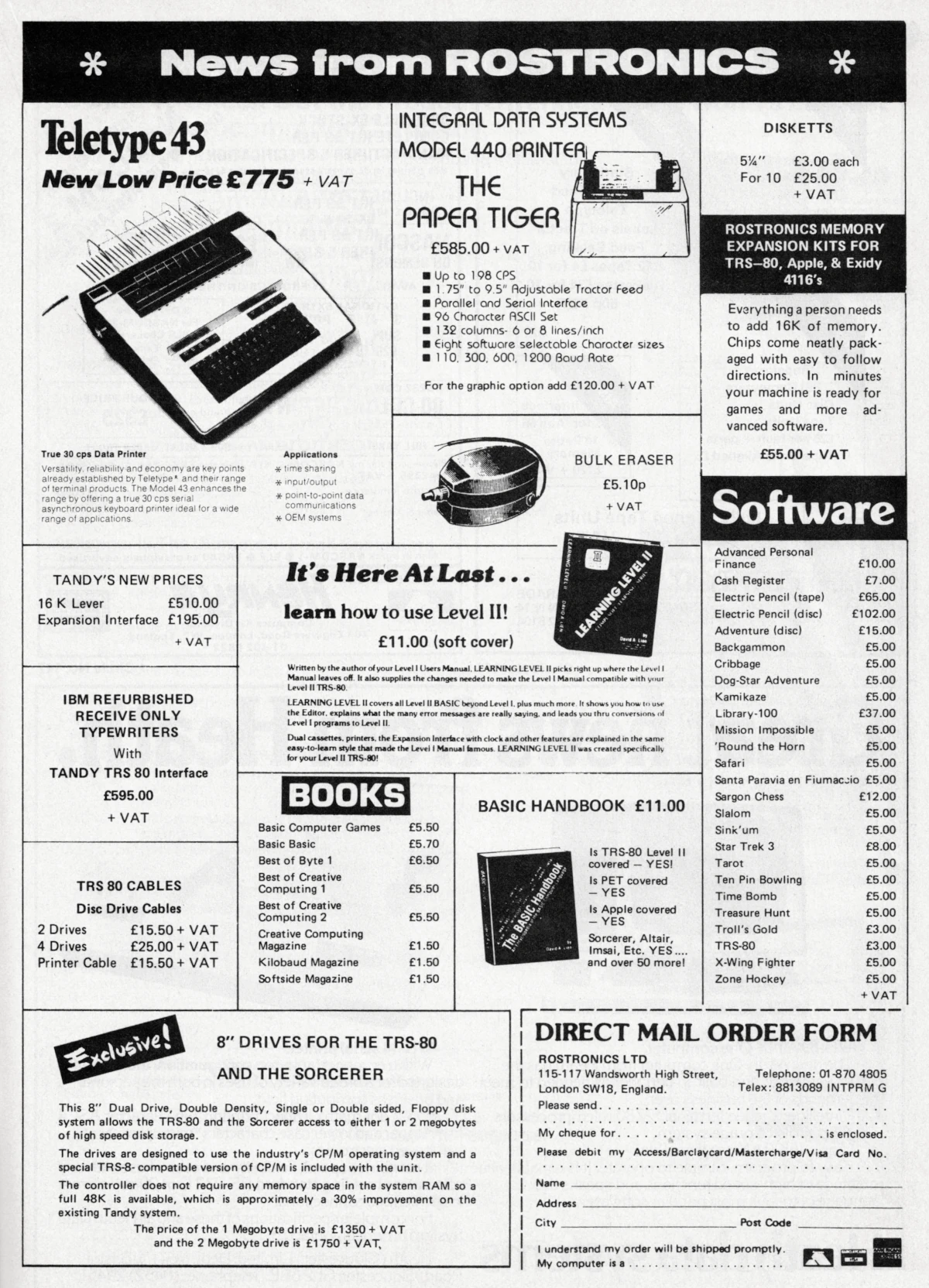 An earlier advert from Rostronics showing it as a reseller of books, software and peripherals. From Practical Computing, December 1979