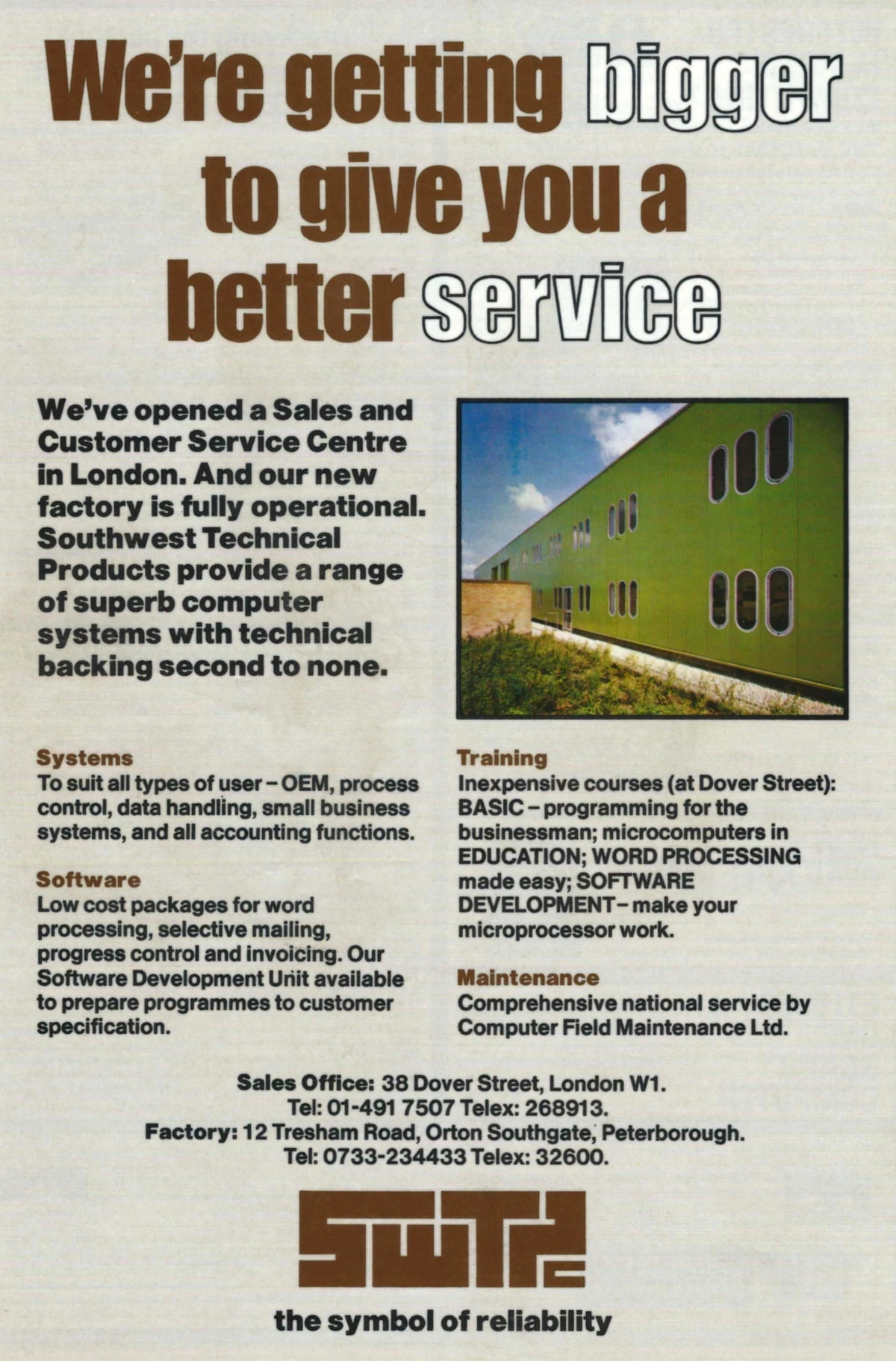 An advert showing SWTPC UK's change of location to Dover Street, and its new factory in Orton Southgate, Peterbough - said to have been painted in a 