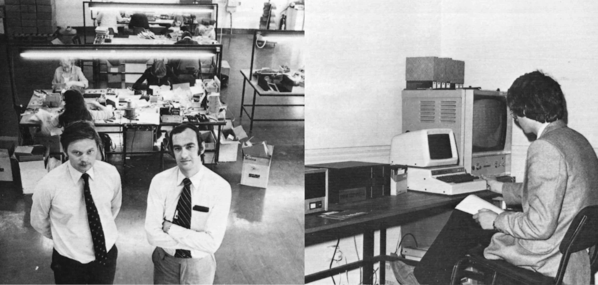 Left: John Burnett and his business partner Hugh Woodsend, in the Peterborough factory. Right: SWTP hardware in action. From Practical Computing, October 1978