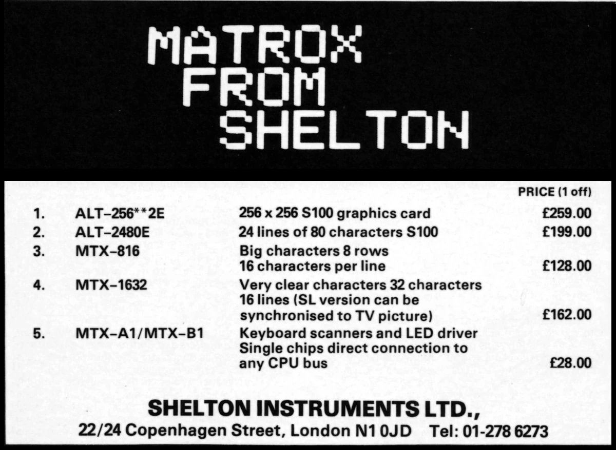 A Shelton Instruments advert in July 1978's Personal Computer World showing the company importing and re-selling Matrox's range of S-100 and other graphics cards