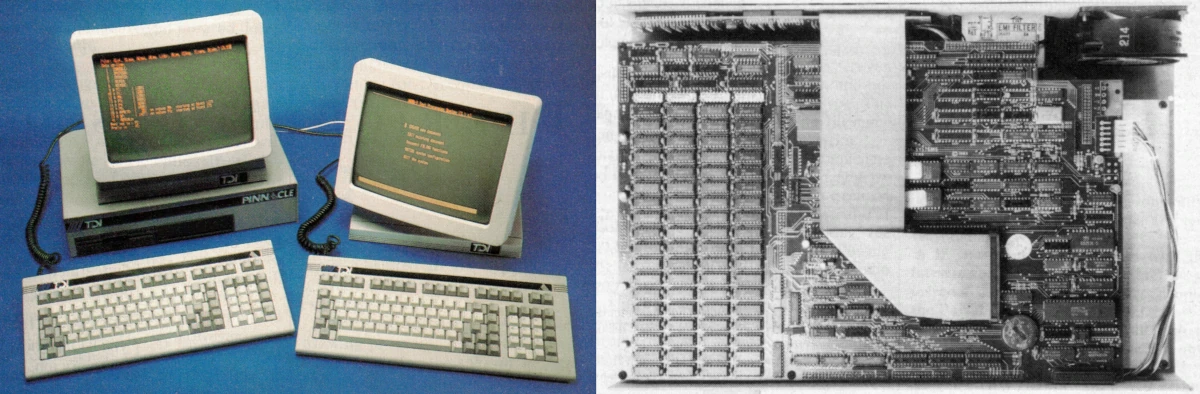 Left: TDI's badged version of the Pinnacle, together with an additional terminal, also TDI-badged, and right: the Pinnacle's Lamtek-built motherboard, with a high build quality which Practical Computing suggested Left: TDI's badged version of the Pinnacle, together with an additional terminal, also TDI-badged, and right: the Pinnacle's Lamtek-built motherboard, with a high build quality which Practical Computing suggested