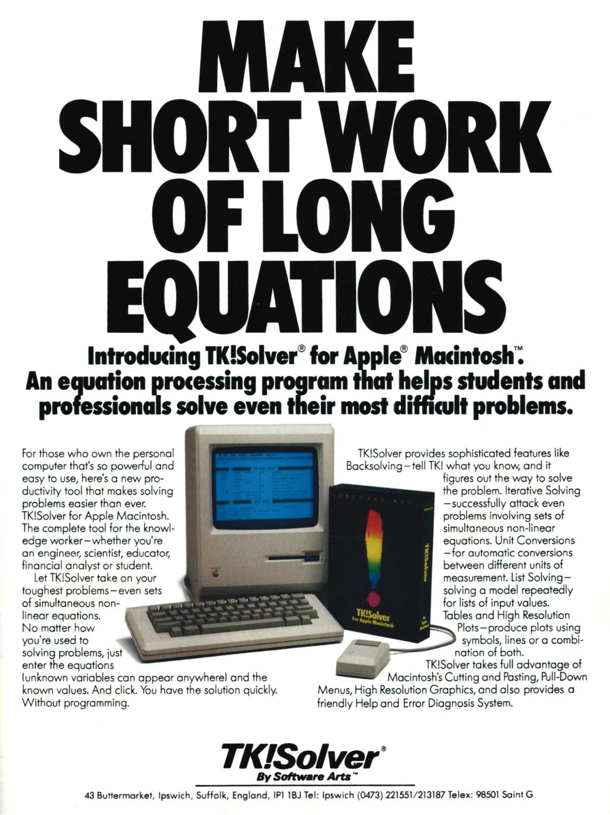 An advert for Software Arts' TK! Solver, from Personal Computer World, March 1985. The address is given as 43 Buttermarket, Ipswich, which is a shopping mall in the middle of the town.