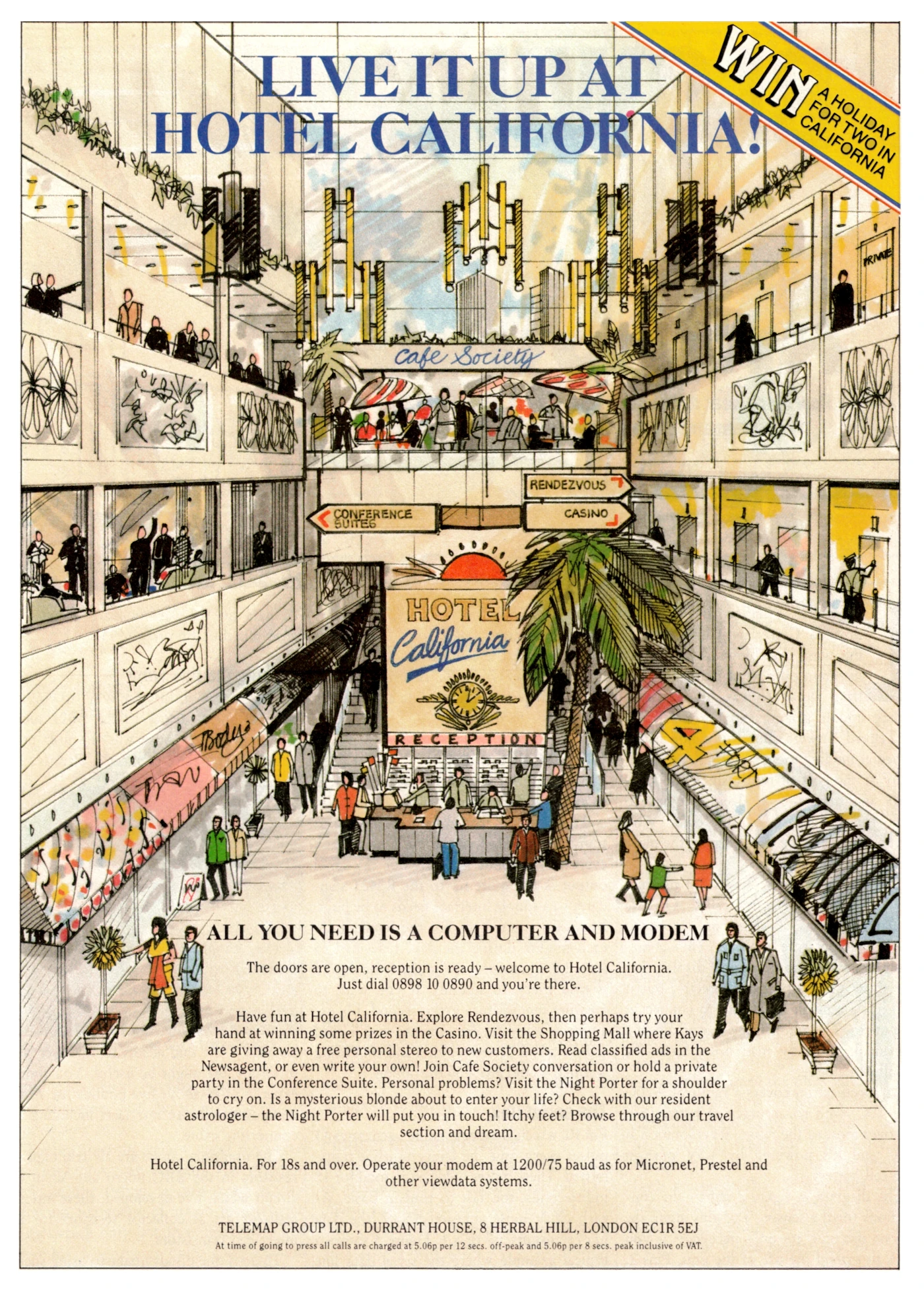 An advert for Telemap's over-18s chat service Hotel California, with its curious pricing of 5.06p per 8 seconds cheap rate, or 5.06p per 12 seconds off peak. Even off-peak is a hefty £15 per hour, or about £52 per hour in 2026. From Acorn User, May 1988.