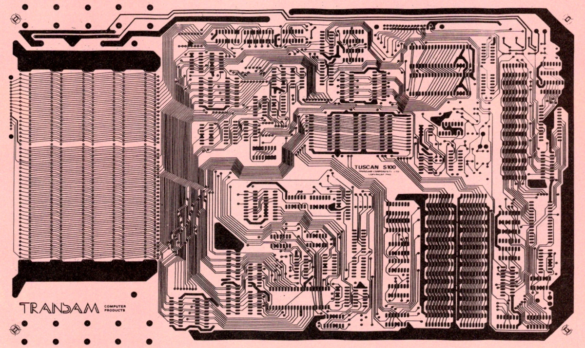 The Tuscan's design schematic, showing the relatively-dense design of the microcomputer's own motherboard alongside the on-board five-slot S-100 bus on the left hand side. This layout is very much a precursor to the standard ISA motherboard found in IBM's 5150 PC - which wouldn't appear for another year - and all the clones that followed it. From Practical Computing, July 1980