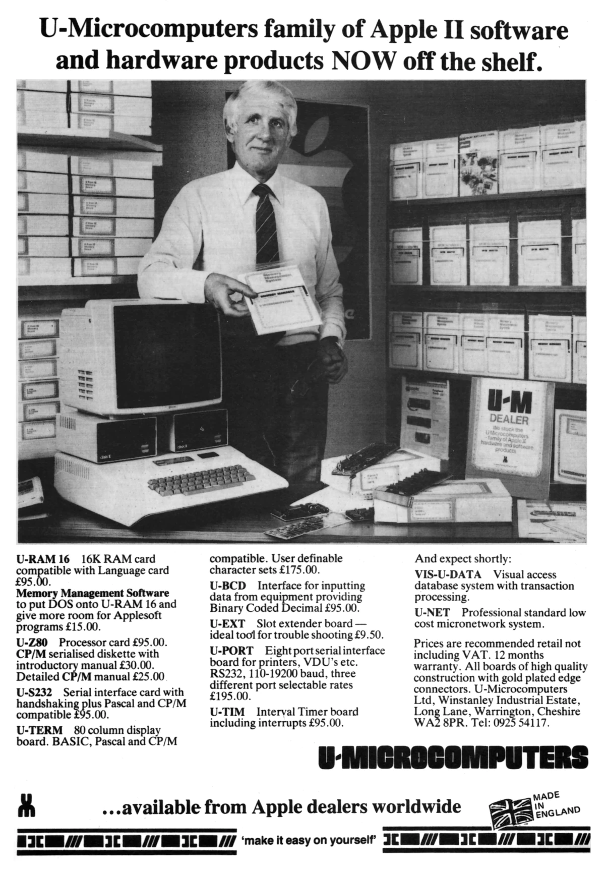 An early U-Microcomputers advert for the company's range of hardware boards and software for the Apple II