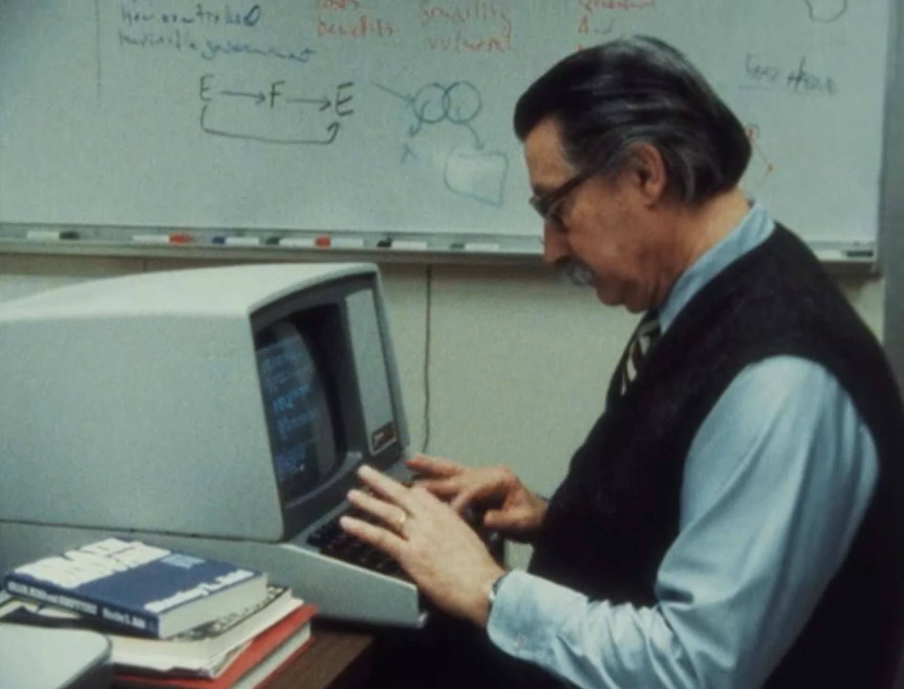 Joseph Weizenbaum demonstrates a version of Eliza in around 1977, as re-broadcast on the 2026 BBC documentary AI Confidential with Hannah Fry