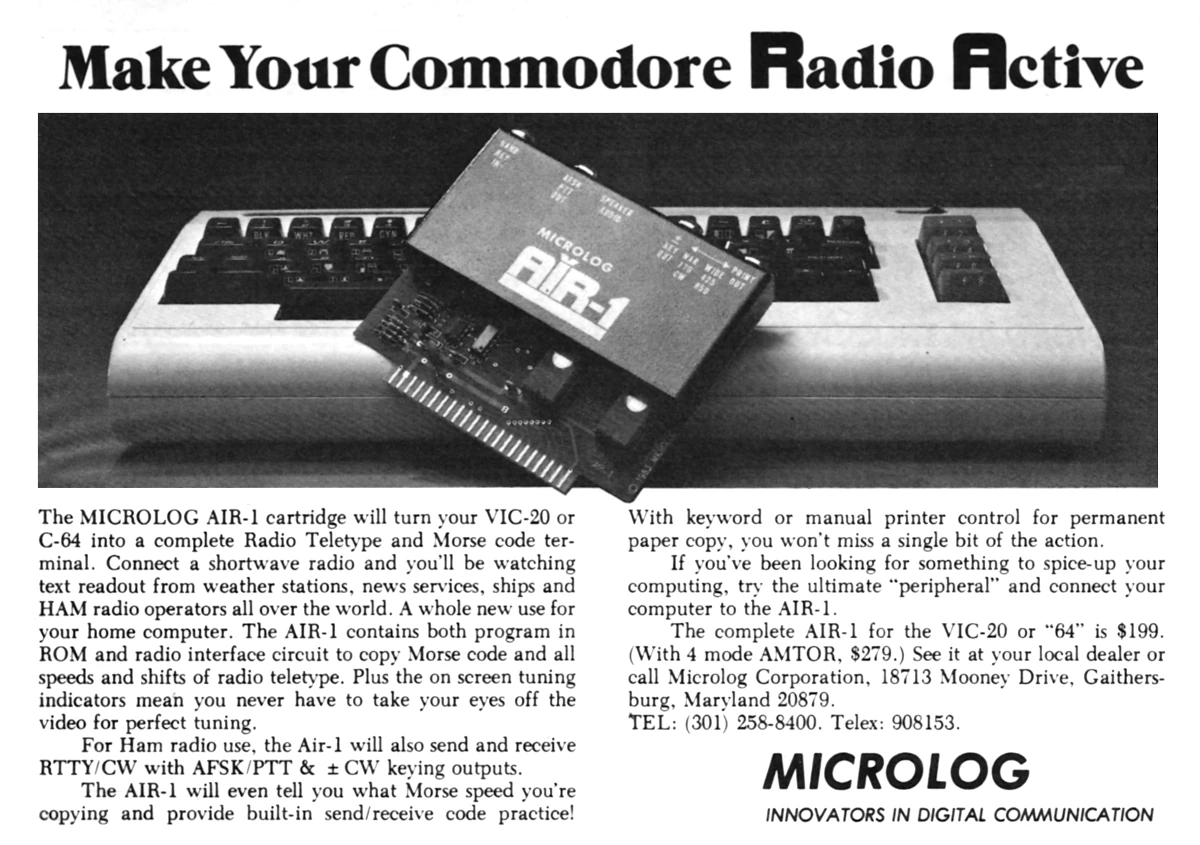 Microlog's AIR-1 radio interface cartridge, to make your VIC-20 or Commodore 64 