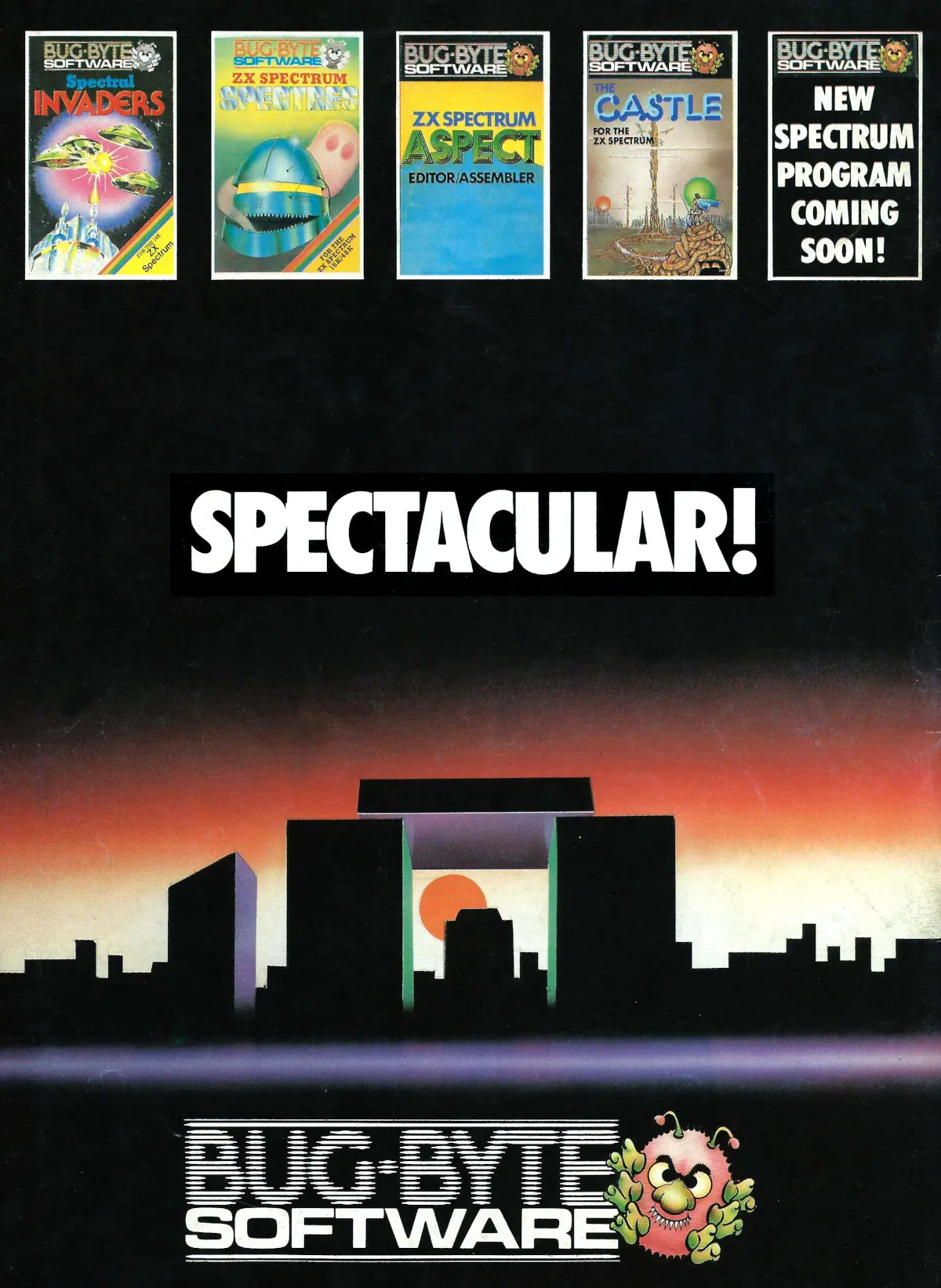 Bug-Byte's Spectrum software, including the not-a-clone-of-space-invaders Spectral Invaders. From Personal Computer News, April 15th 1983