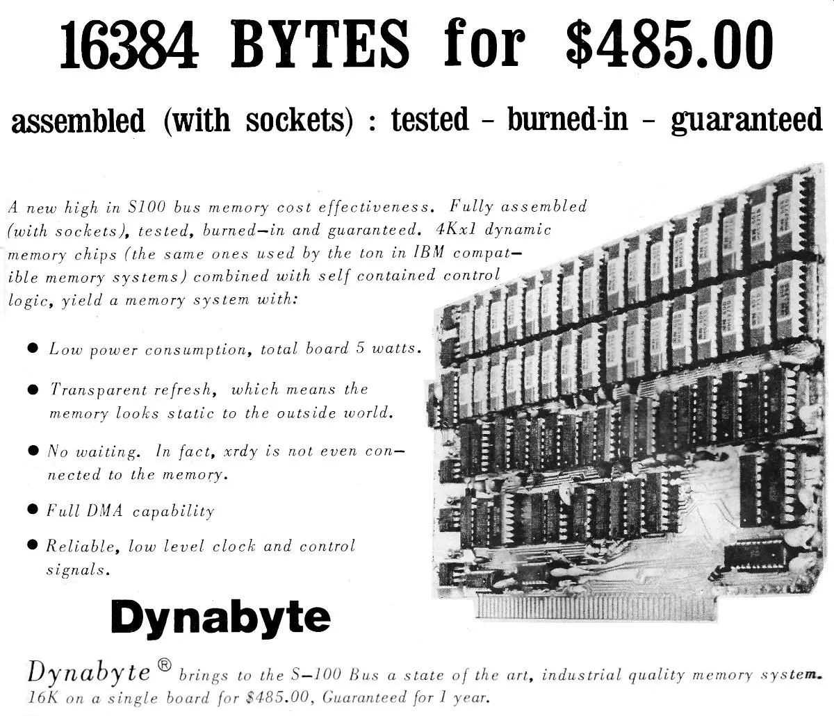 An advert for Dynabyte's 16K module from a couple of months earlier, at $485 - about £2,770 in 2024. From Byte, September 1977