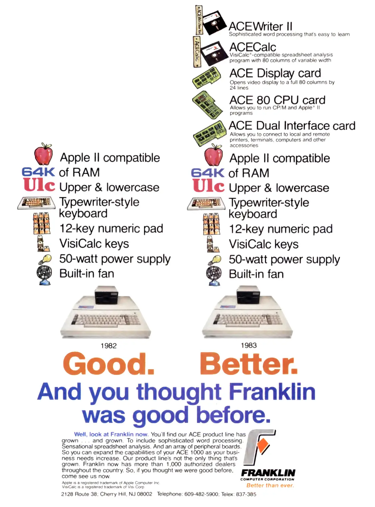 An advert from Franklin showing its earlier <span class='hilite'><span class='hilite'>ACE</span></span> 1000 model, and how it had improved since the year before with extra interf<span class='hilite'>ace</span> cards and - as befitting a clone - a clone of VisiCalc, called <span class='hilite'><span class='hilite'>ACE</span></span>Calc, thrown in. From Creative Computing, January 1984