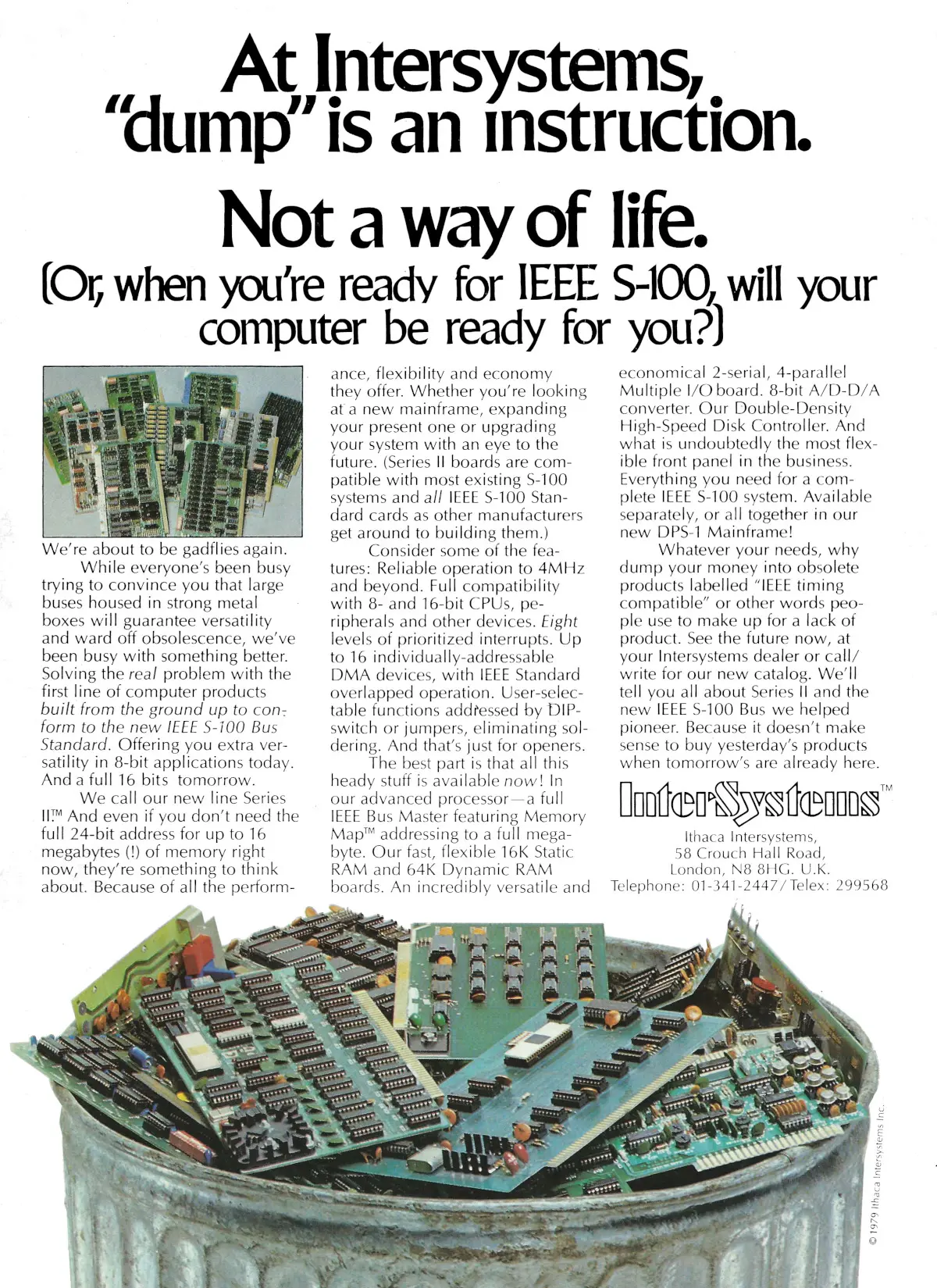 An Ithaca InterSystems advert featuring a range of the company's S-100 boards, but based on the in-progress IEEE 696-1983 S-100 standard. From Practical Computing, August 1980