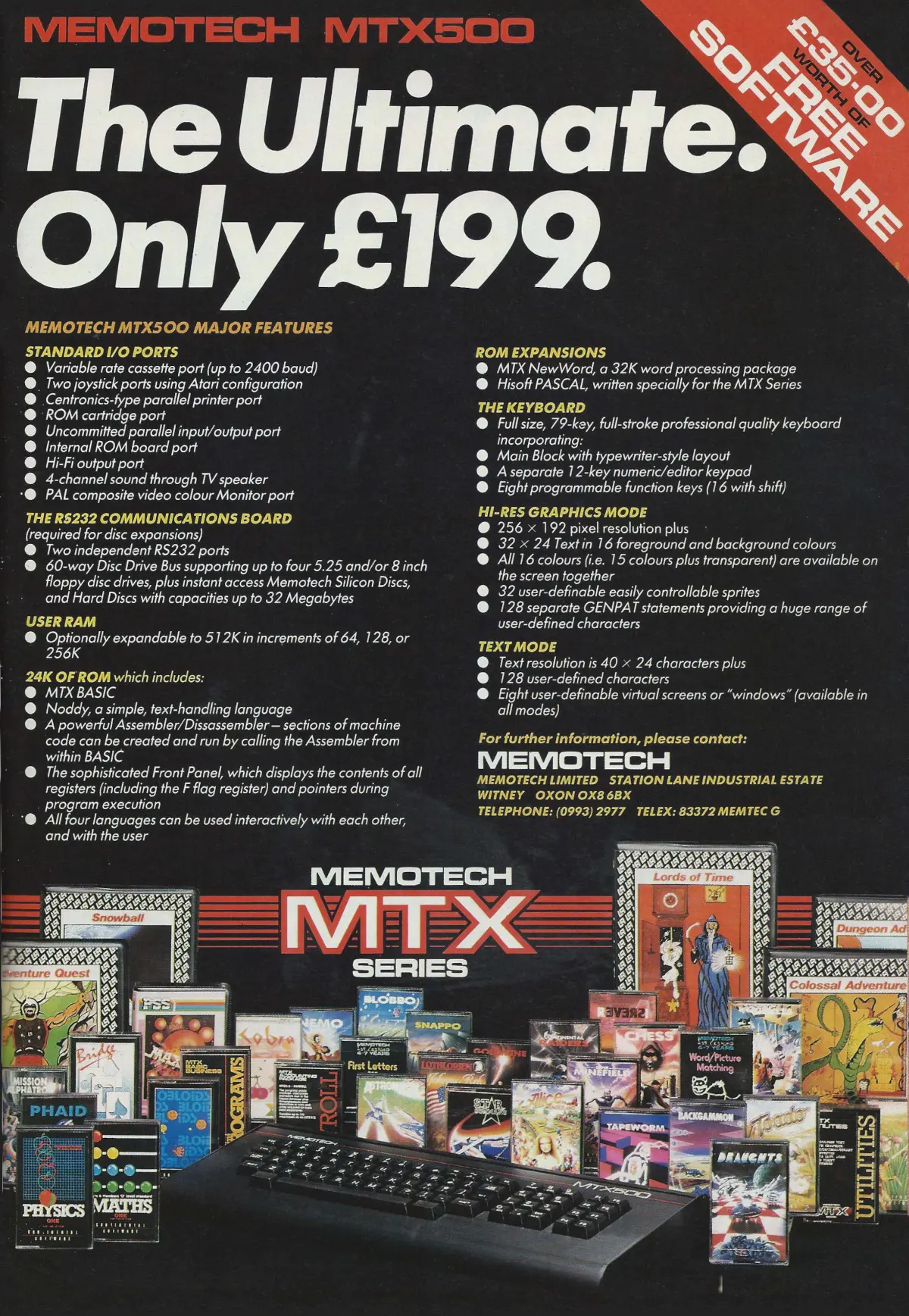 The MTX-500 - ignored in the above advert, but still around, although now it's down to £200, or about £810 in 2024. However, this advert does show that there was a reasonable amount of software available for the MTX machines. From Your Computer, December 1984