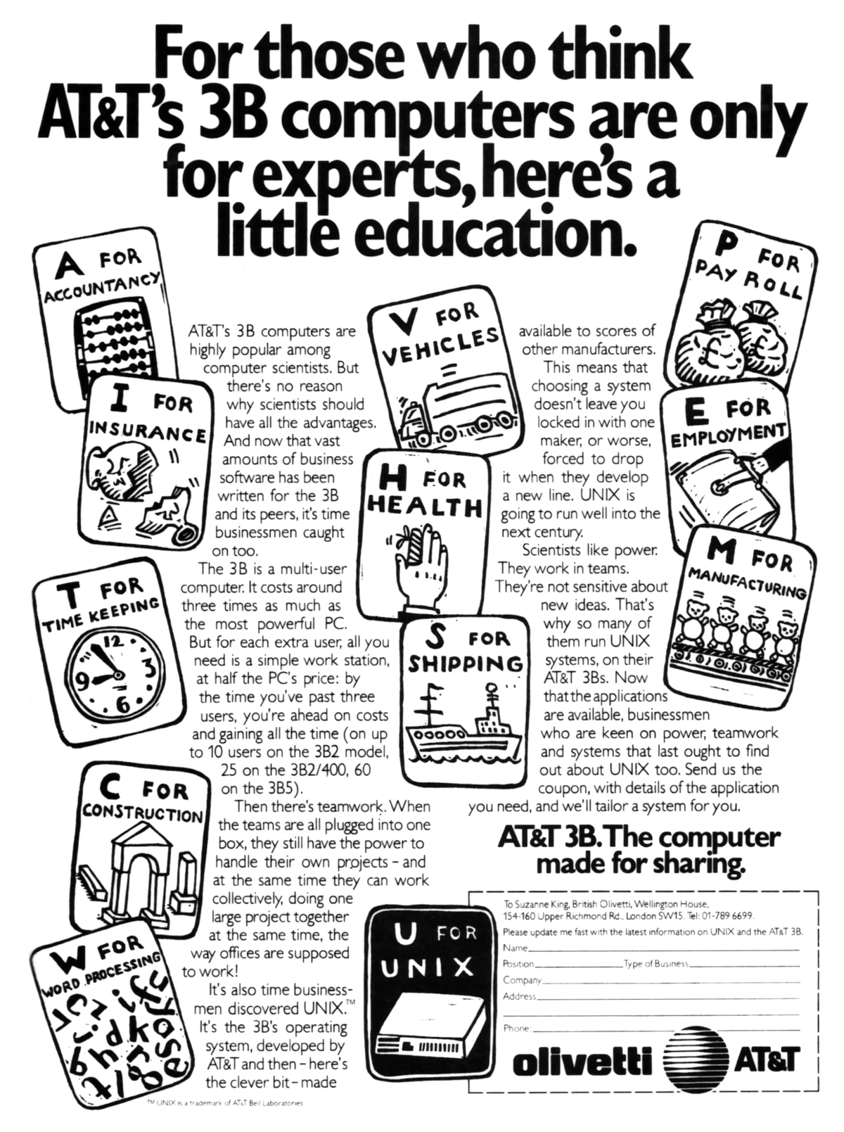 Joint AT&T/Olivetti advert for the Unix 3B, from Personal Computer World, May 1986