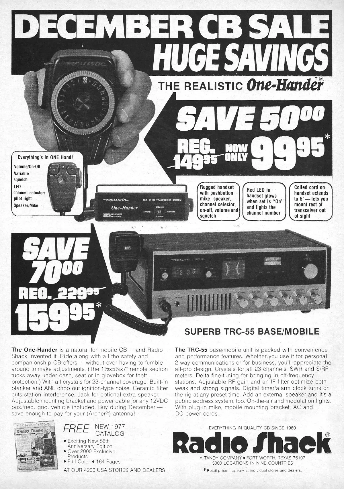 An advert for Tandy/Radio Shack's Realistic-branded TRC-55 CB radio - available for $99.95, or about £700 in 2024