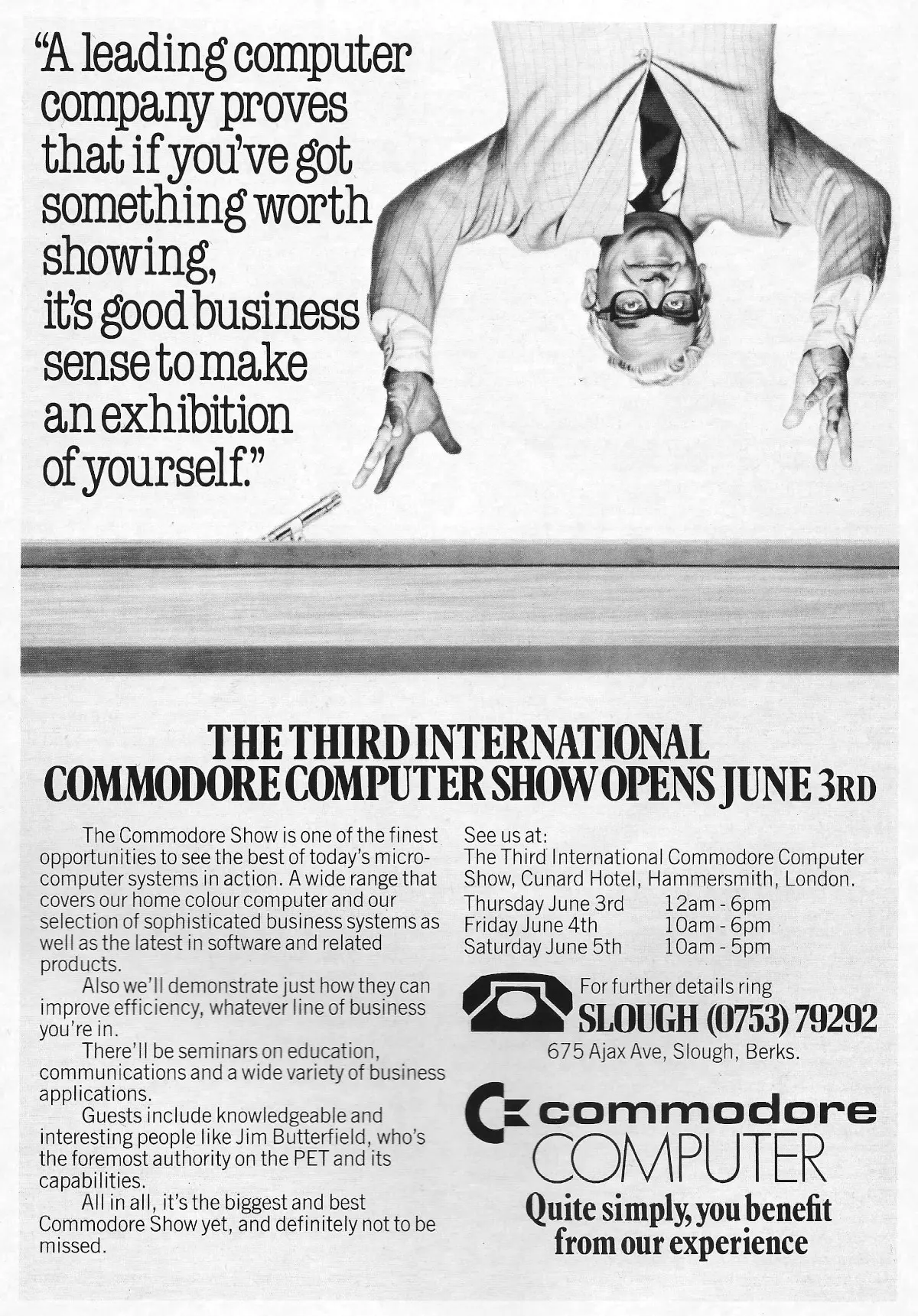 An upside-down Ronnie Barker, promoting the 3rd International Commodore Computer Show at the Cunard Hotel in Hammersmith. From Commodore Computing International, June 1982