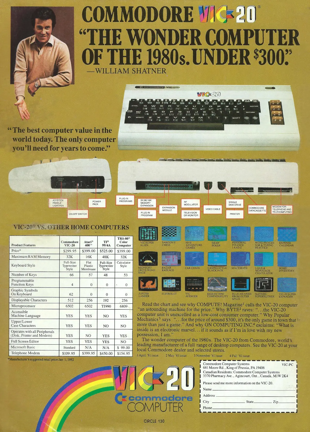 Another advert featuring William Shatner showing the compulsory comparison chart and some of the software available for the VIC. It was 