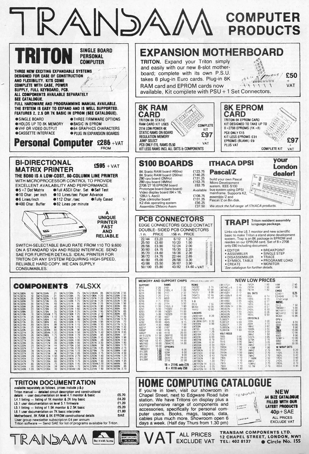 Some of Transam's products, including the Triton, a selection of S-100 boards and the 