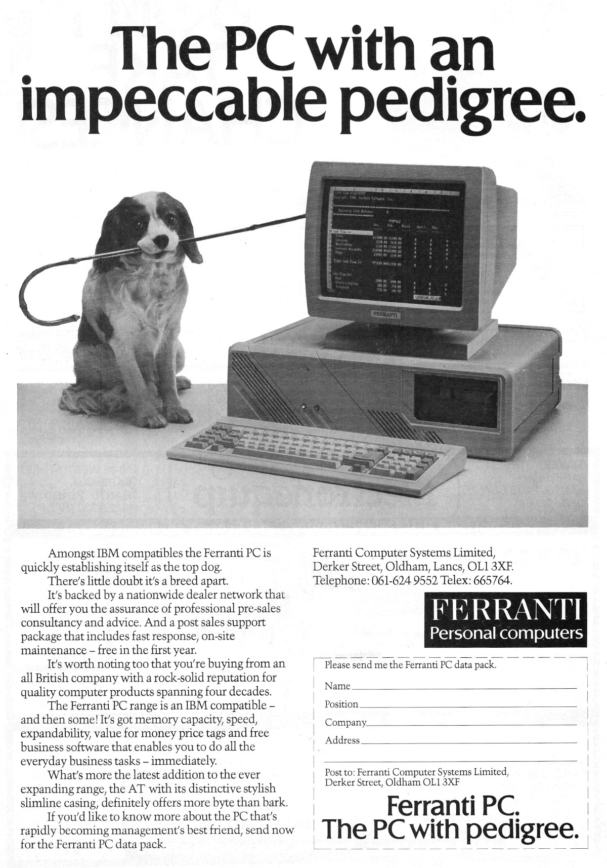 The original Ferranti PC AT, from <span class='hilite'>Practical Computing</span>, June 1986. Note the clear dig at IBM, with the dog holding Charlie Chaplin's cane in its mouth.