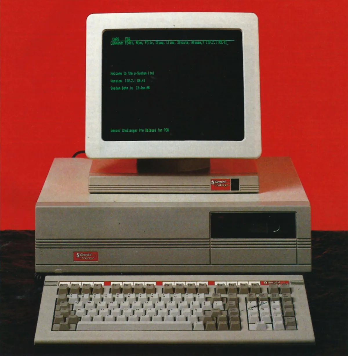 Gemini's Challenger development/business system, as featured in Personal Computer World's benchtest of the machine in the March 1986 edition. The Challenger is just the big beige box - the monitor and keyboard both belong to a rebranded Wyse-50 terminal, which was the actual way of using a Challenger.