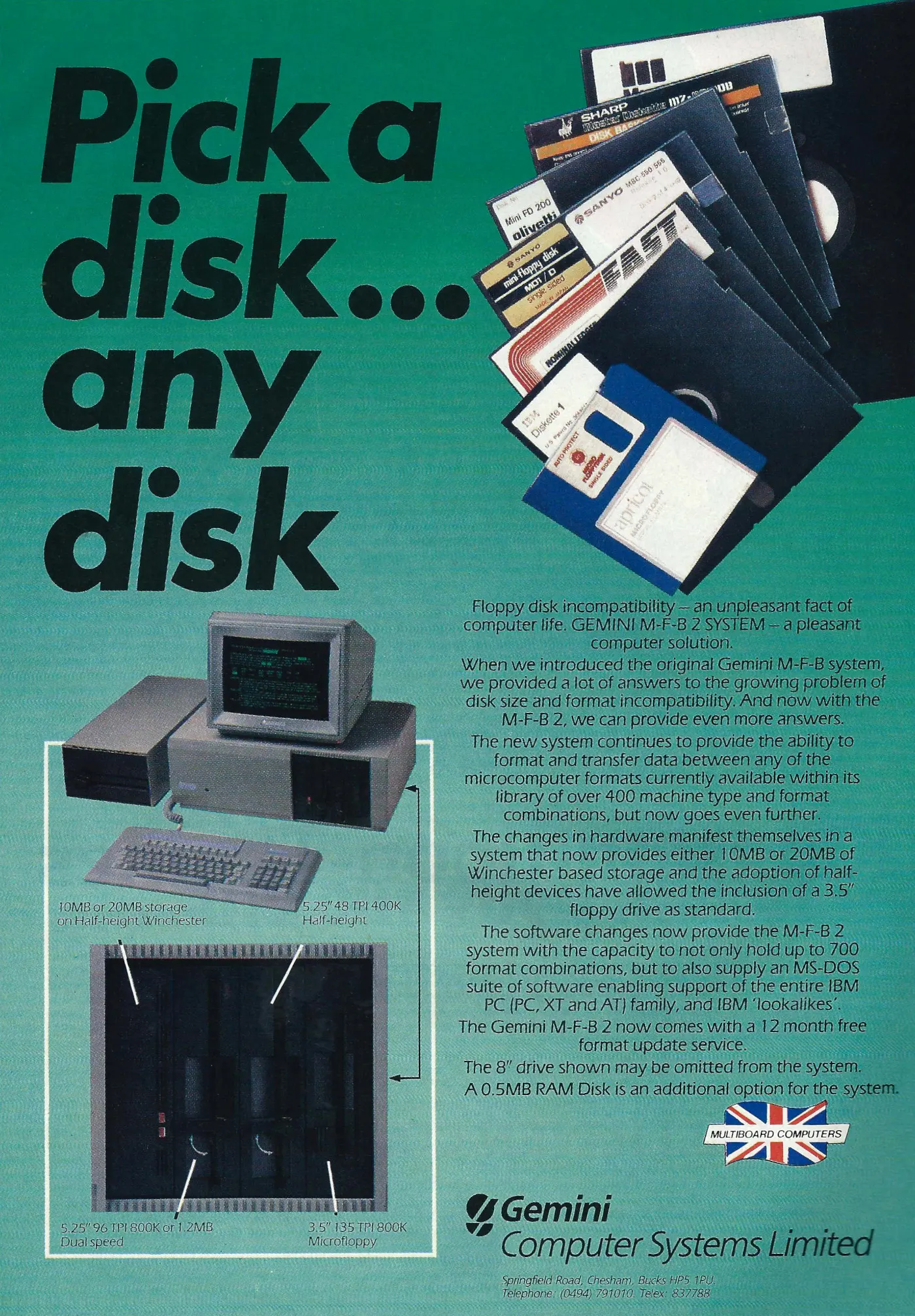 Gemini Micro Advert: Gemini: Pick a disk... any disk, from Personal Computer World, March 1986