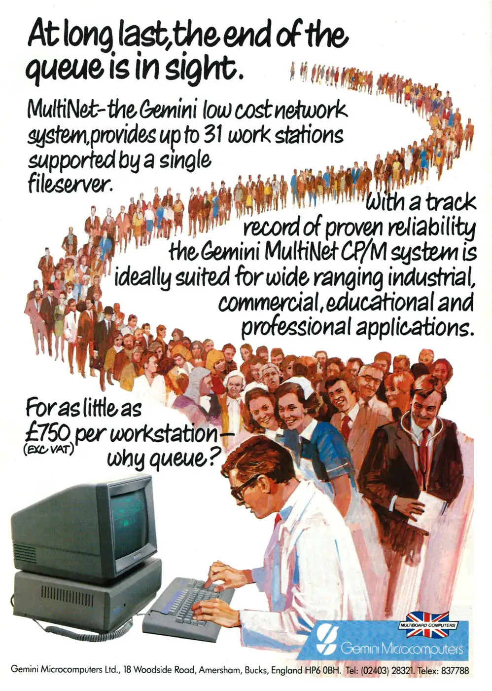 Gemini Micro Advert: At long last, the end of the queue is in sight, from Personal Computer World, March 1985