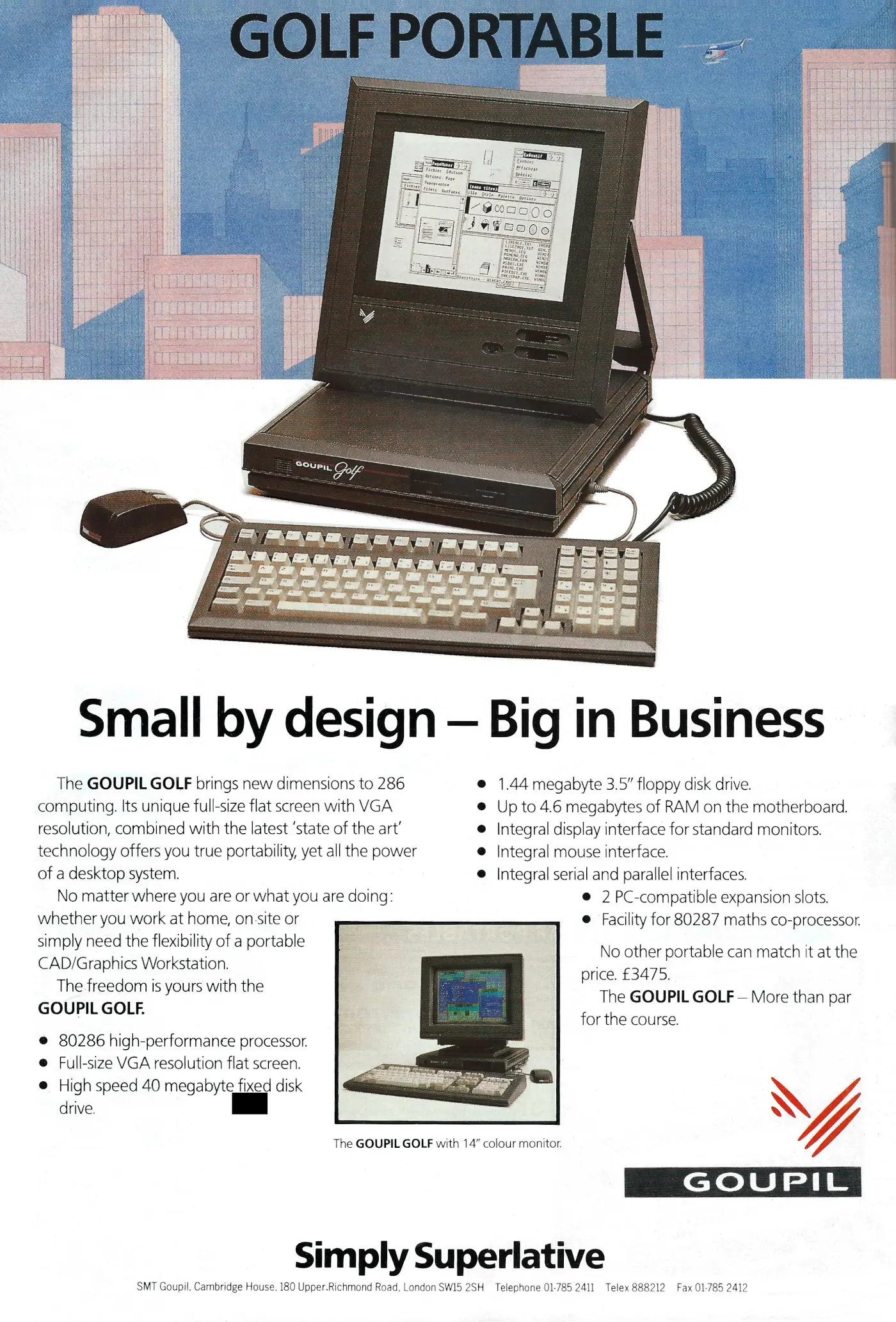 Goupil Advert: Golf Portable: Small by design - big in business, from Personal Computer World, January 1989