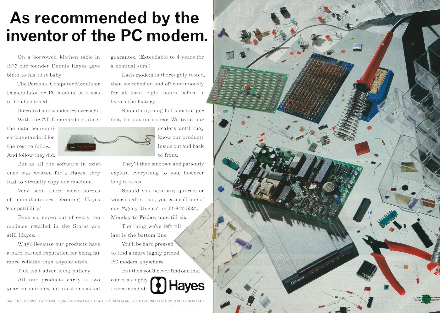 Hayes Advert: As recommended by the inventor of the PC modem, from Practical Computing, February 1987