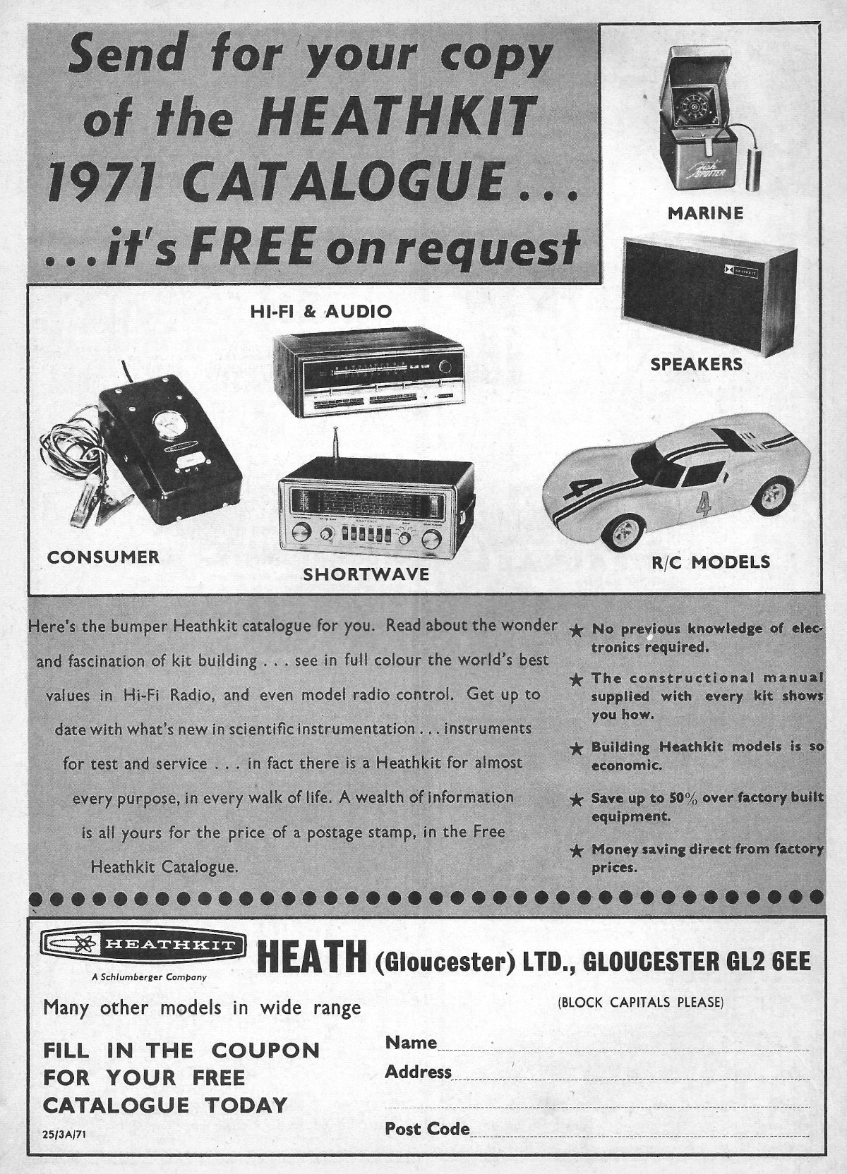 Some of Heathkit's more consumer-oriented kits.  From Practical Electronics, March 1971