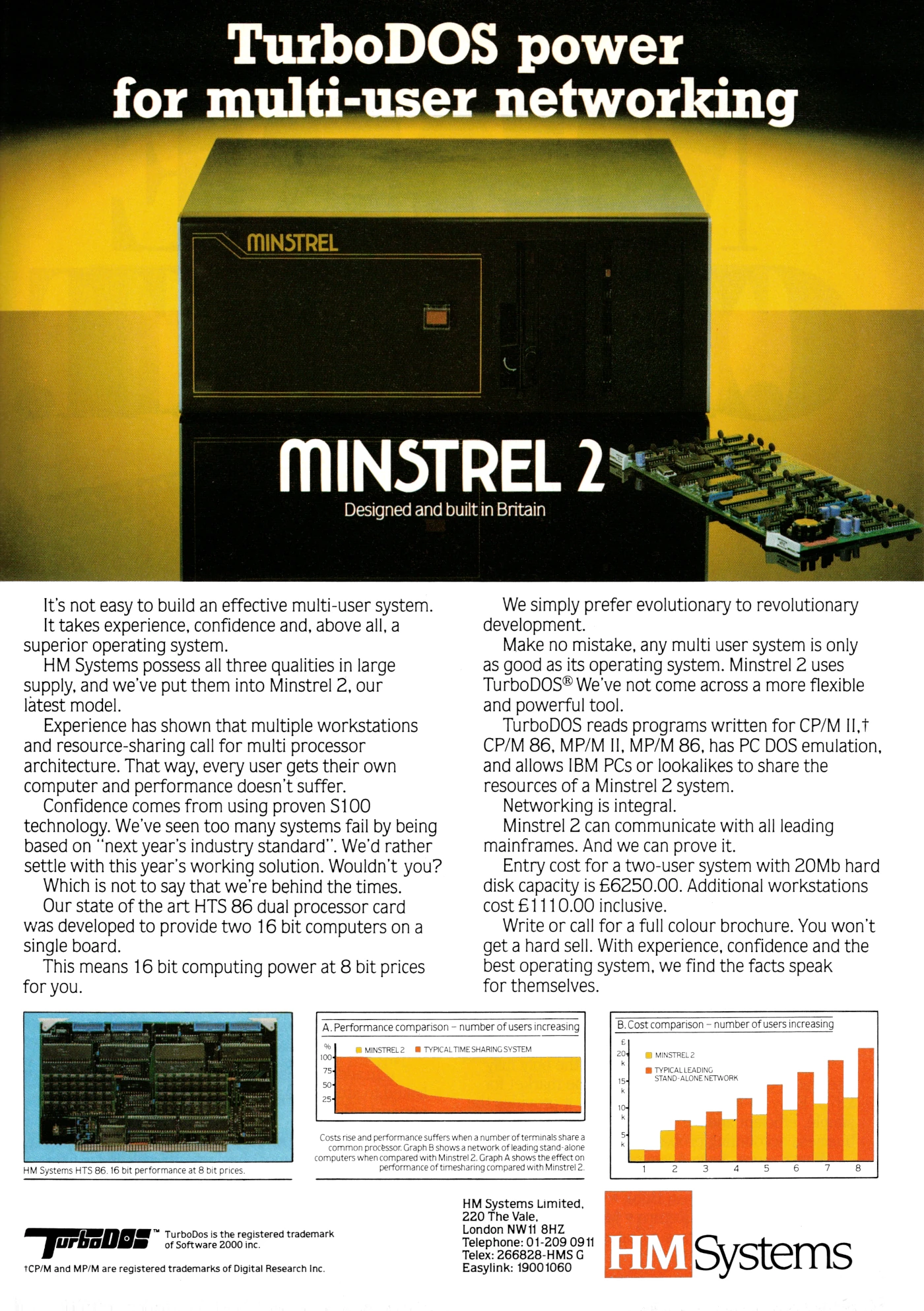 Hotel Microsystems Advert: Minstrel 2: TurboDOS power for multi-user networking, from Practical Computing, April 1985
