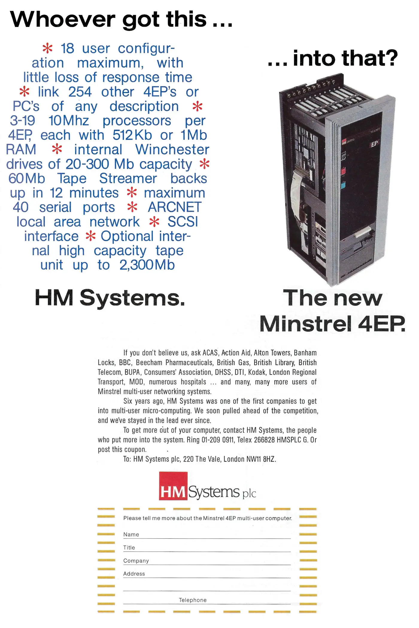 Hotel Microsystems Advert: HM Systems: The new Minstrel 4EP, from Practical Computing, November 1987