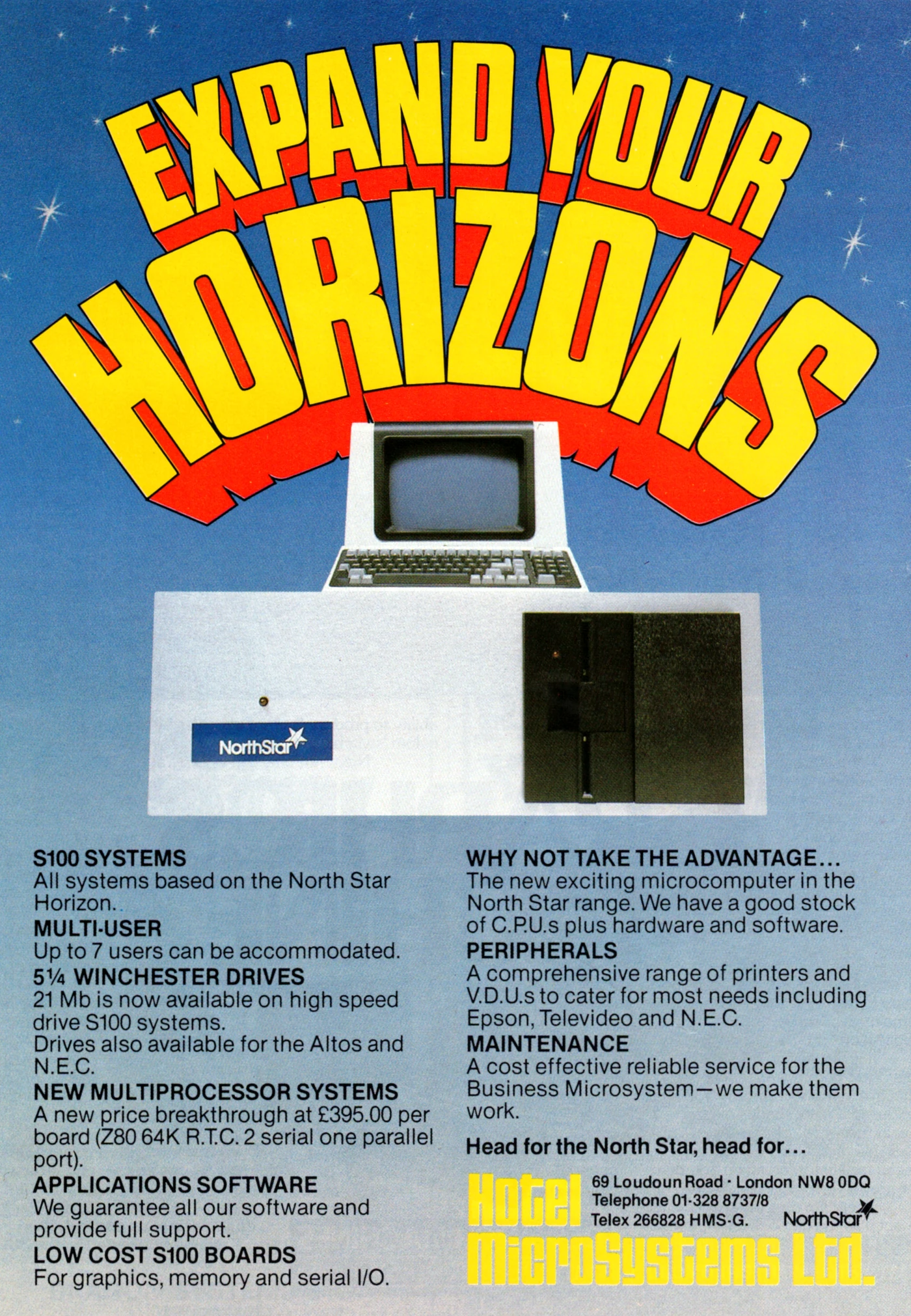 Hotel Microsystems Advert: Expand your Horizons, from Practical Computing, September 1982