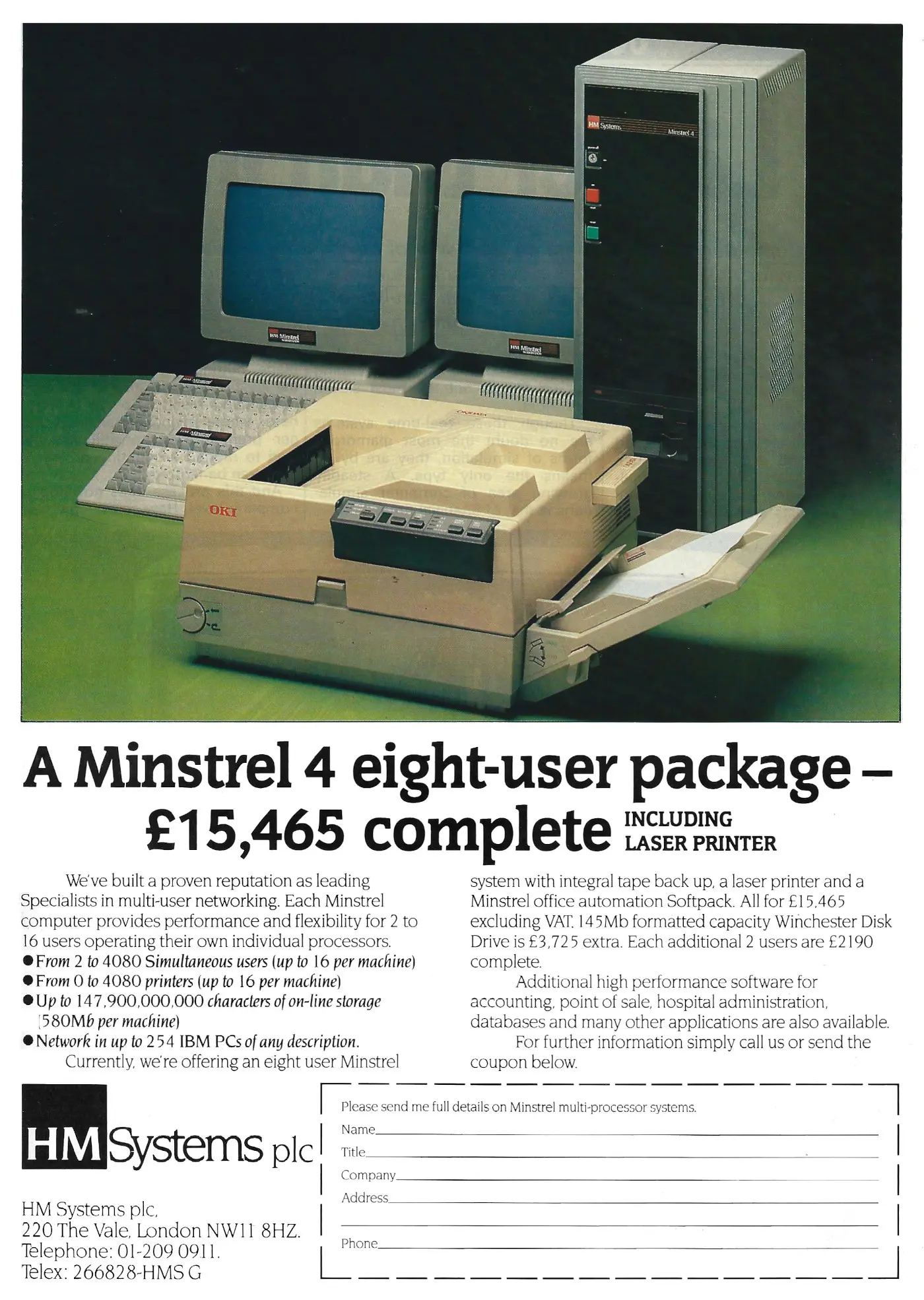 Hotel Microsystems Advert: A Minstrel 4 eight-user package - £15,564 complete, from Personal Computer World, August 1987