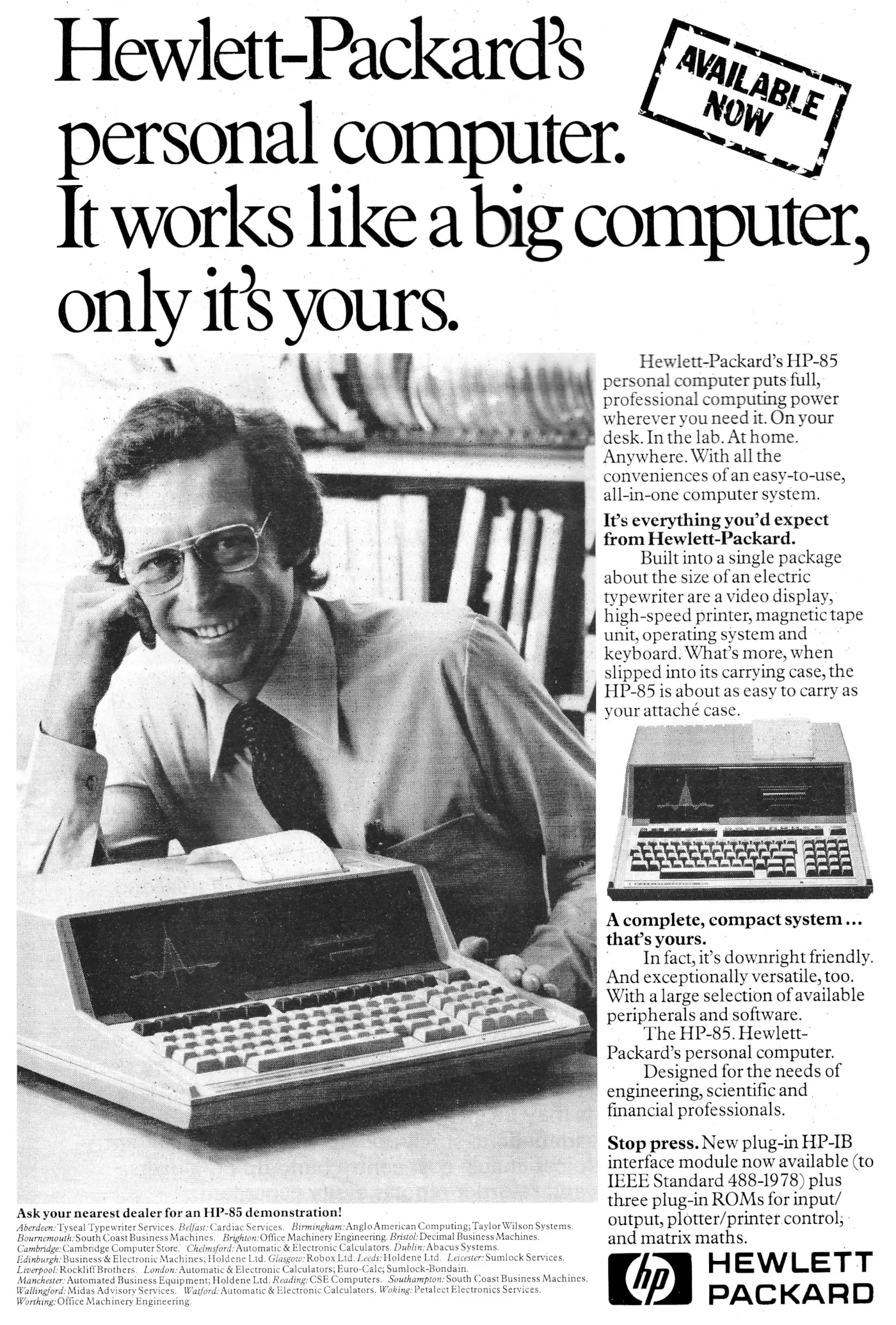 Hewlett-Packard Advert: HP85: It works like a big computer, only it's yours, from Personal Computer World, November 1980