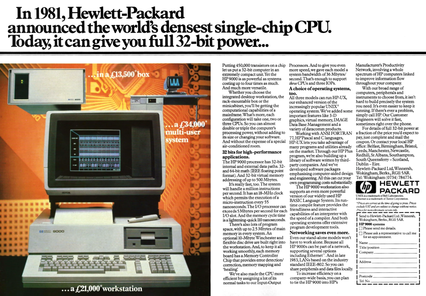 Hewlett-Packard Advert: HP 9000: Today, HP can give you full 32-bit power, from Systems International, January 1983