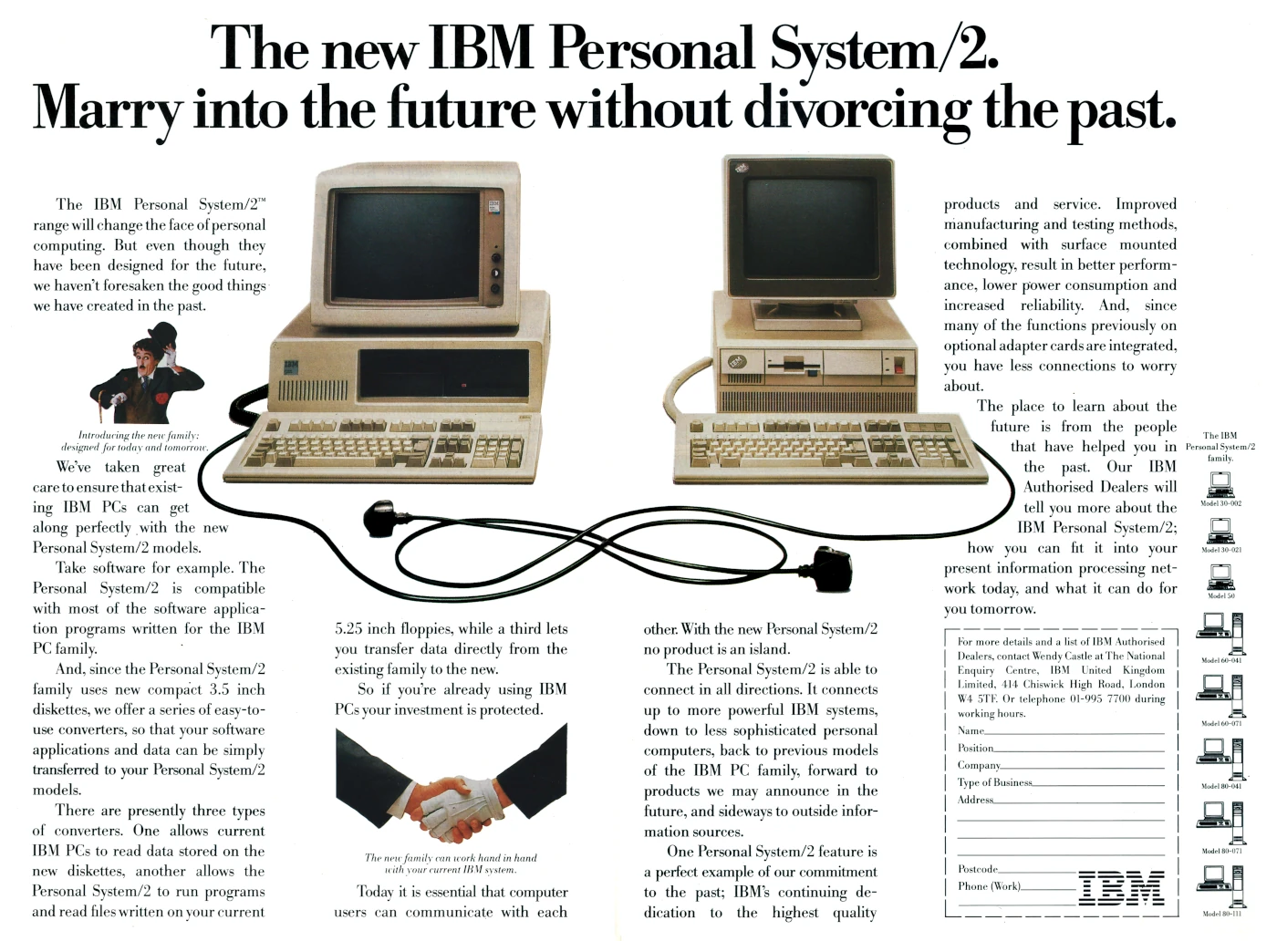 IBM Advert: The new IBM Personal System/2.  Marry into the future without divorcing the past., from Personal Computer World, July 1987