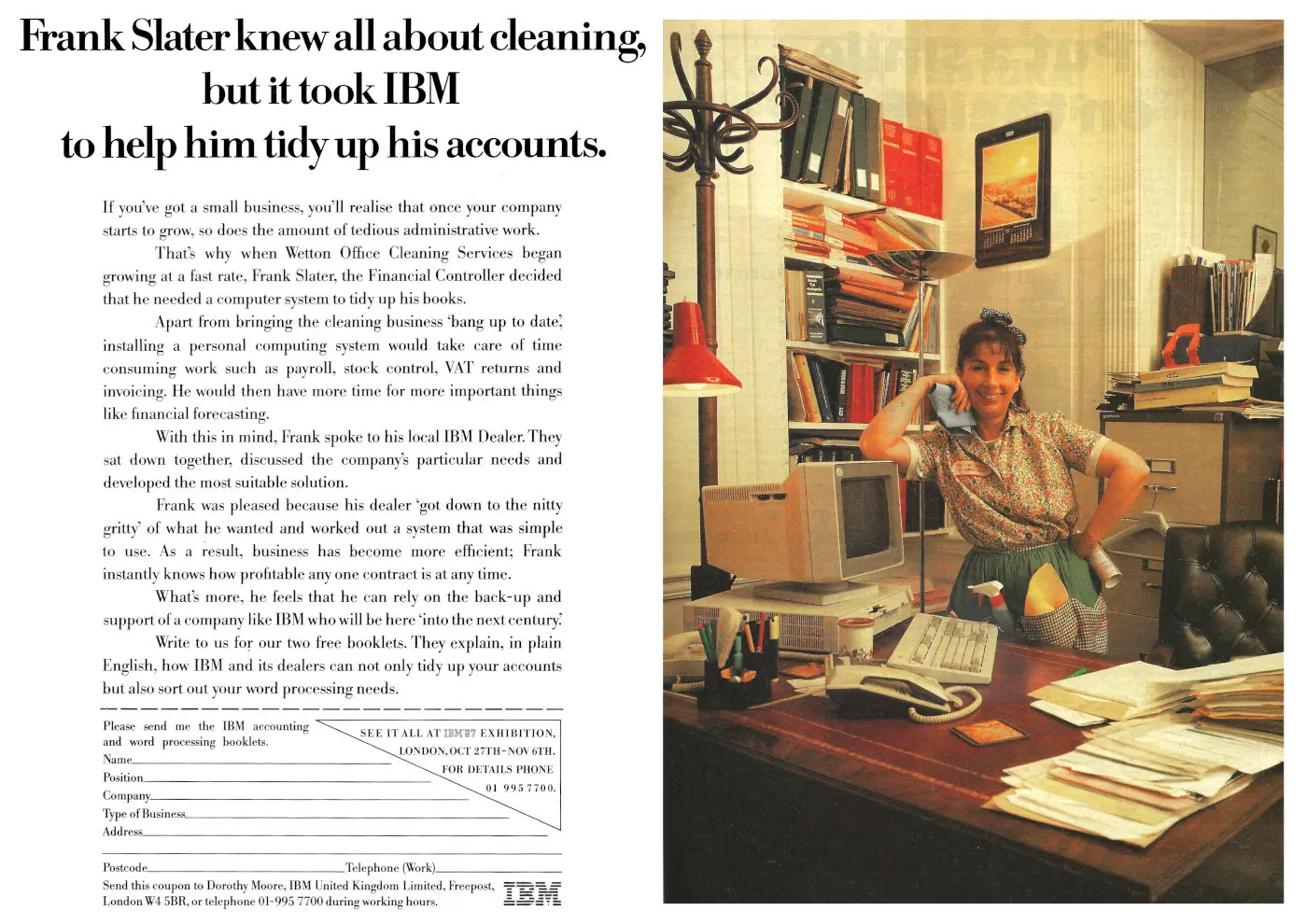 IBM Advert: Frank Slater knew all about cleaning, but it took IBM to help him tidy up his accounts, from Practical Computing, November 1987