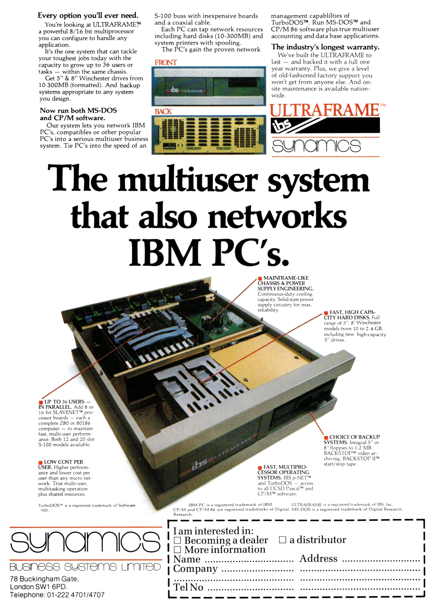 IBS/Synamics Advert: The multiuser systems that also networks IBM PCs, from Practical Computing, July 1985