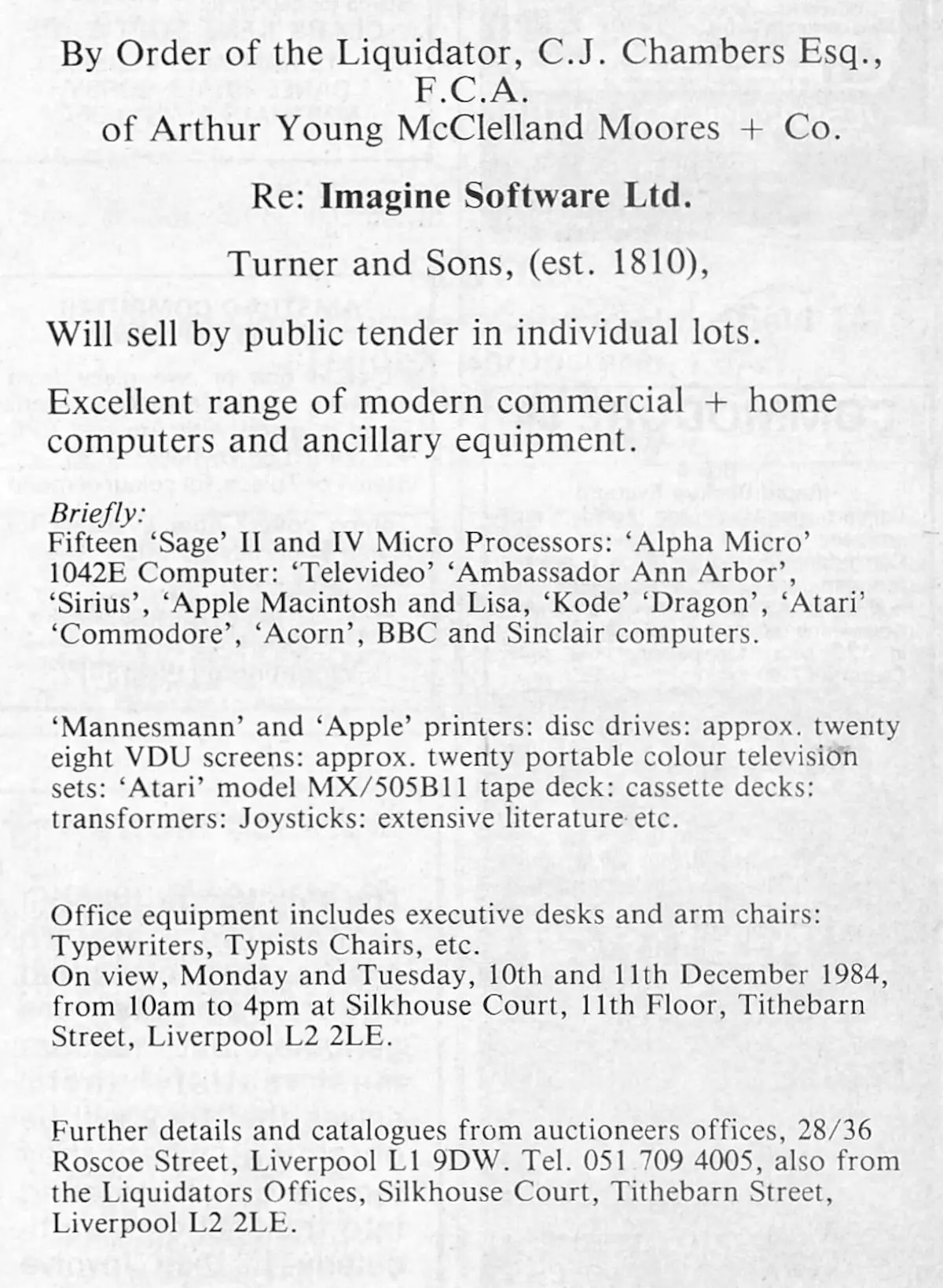 Notice of the auction of the remains of Imagine Software by its liquidator, C. J. Chambers of Arthur Young McClelland Moores and Company. From Your Computer, December 1984