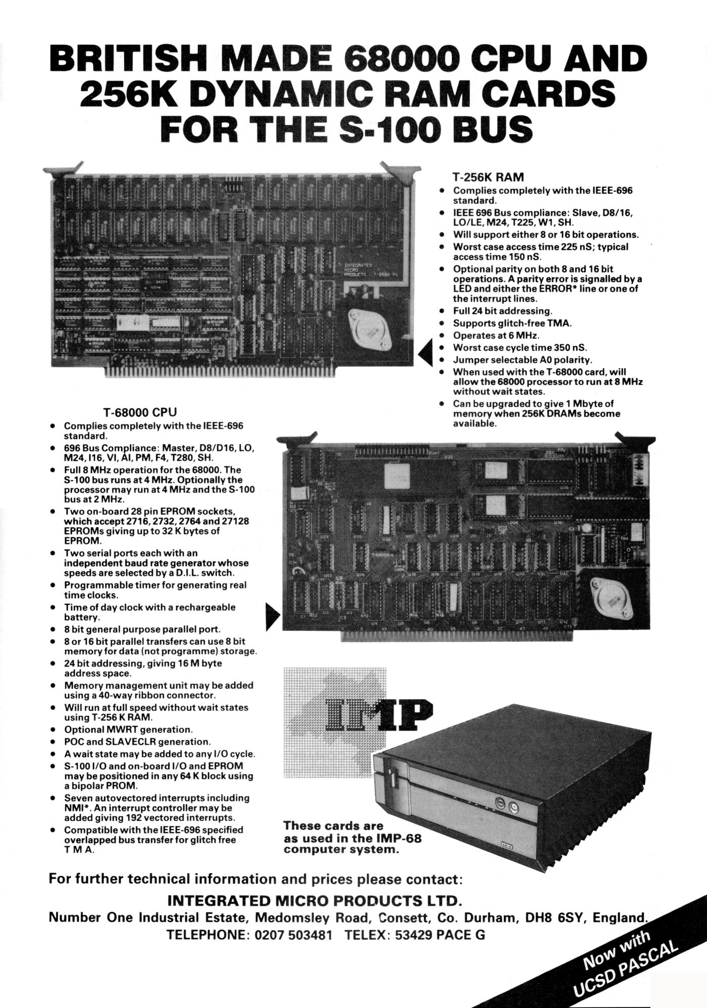 IMP Advert: Britsh-made 68000 CPU and 256K Dynamic RAM cards for the S-100 bus, from Practical Computing, February 1983