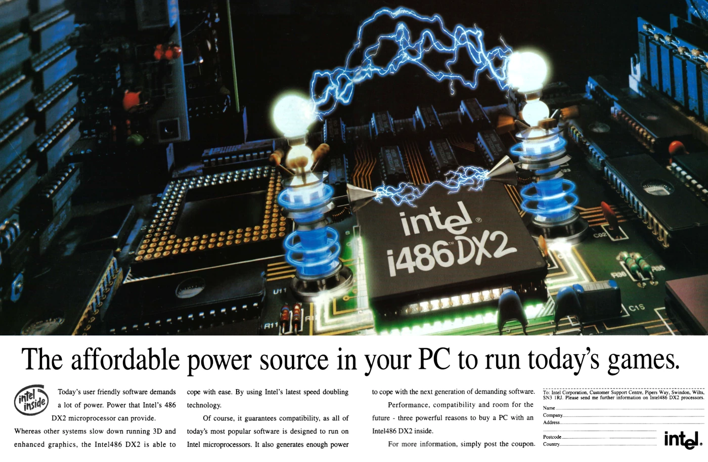 Intel Advert: The affordable power source in your PC to run today's games., from PC Review, December 1993