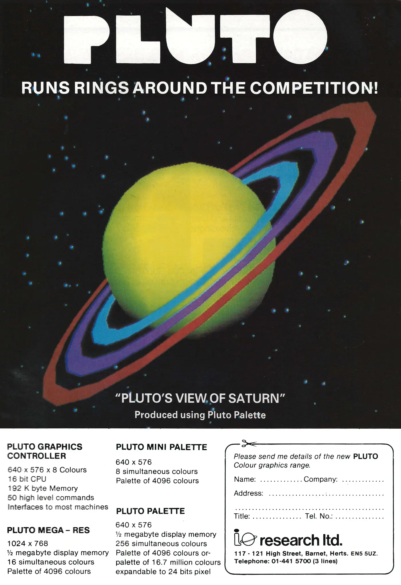 IO Research Advert: Pluto: run rings around the competition!, from Personal Computer World, September 1983