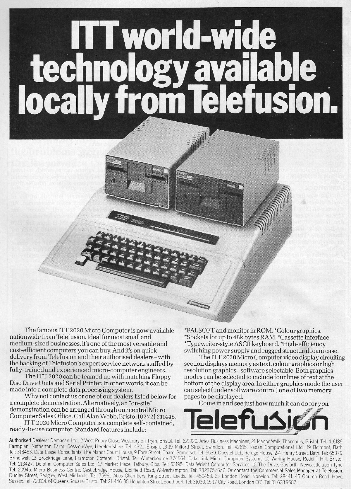 ITT's 2020 in an advert from distributor Telefusion, showing just how much the 2020 looked like the Apple II it was a licenced clone of.  From Practical Computing, August 1980