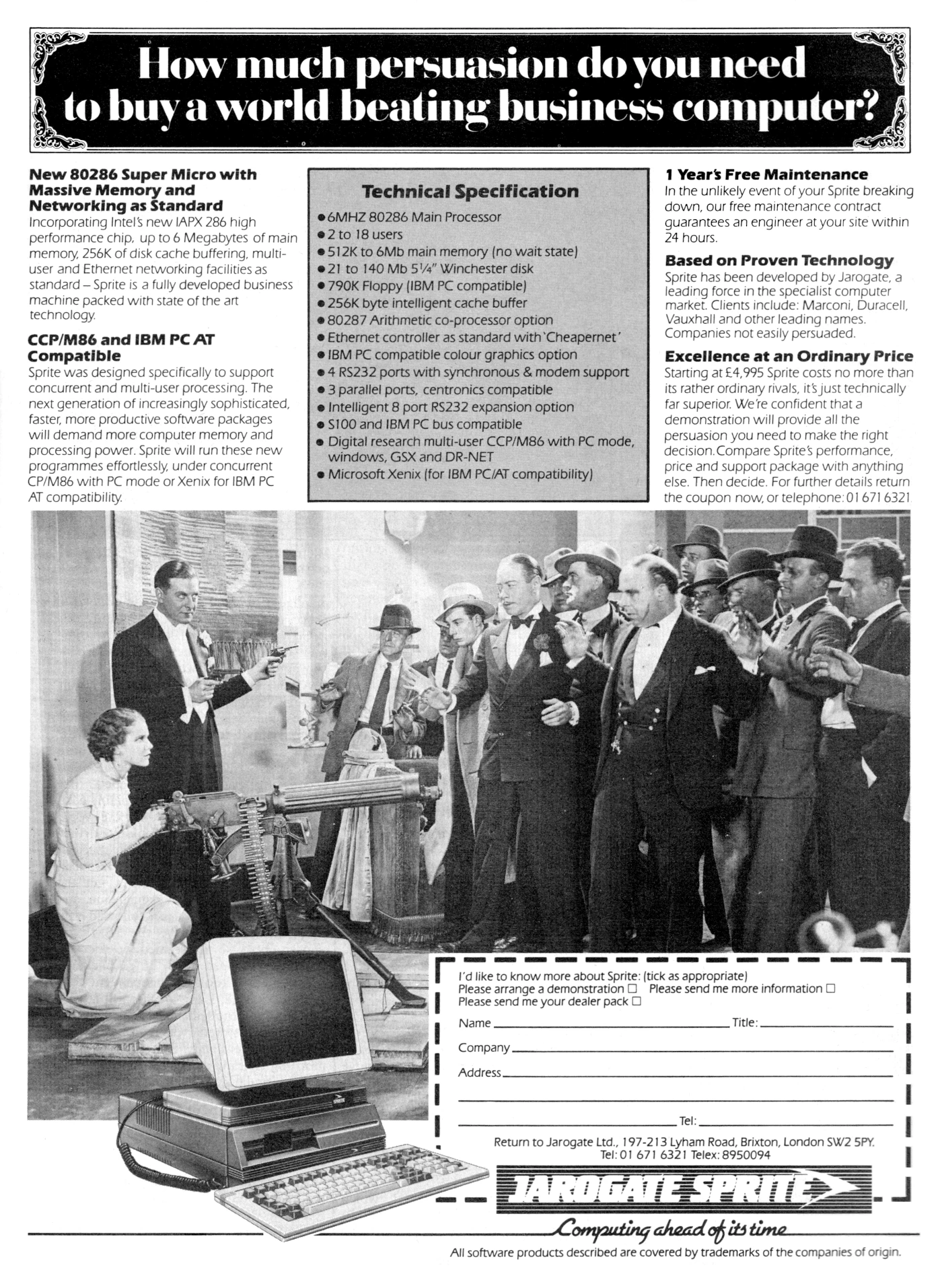 Jarogate Advert: How much persuasion do you need to buy a world-beating business computer?, from Practical Computing, April 1985