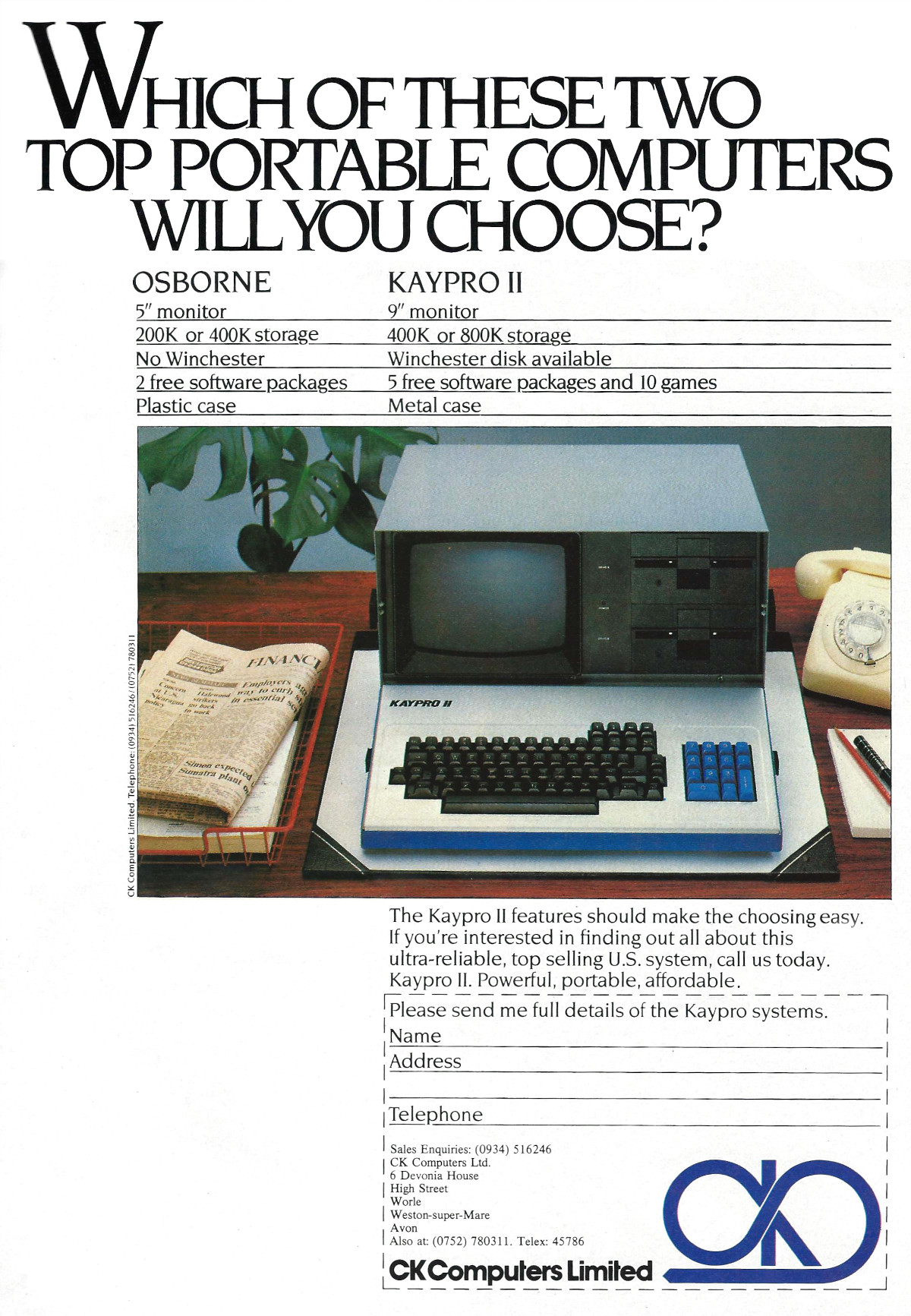 A third-party advert for the Kaypro 2, showing a small comparison table with its competitor - the Osborne 1. From Personal Computer World, October 1983
