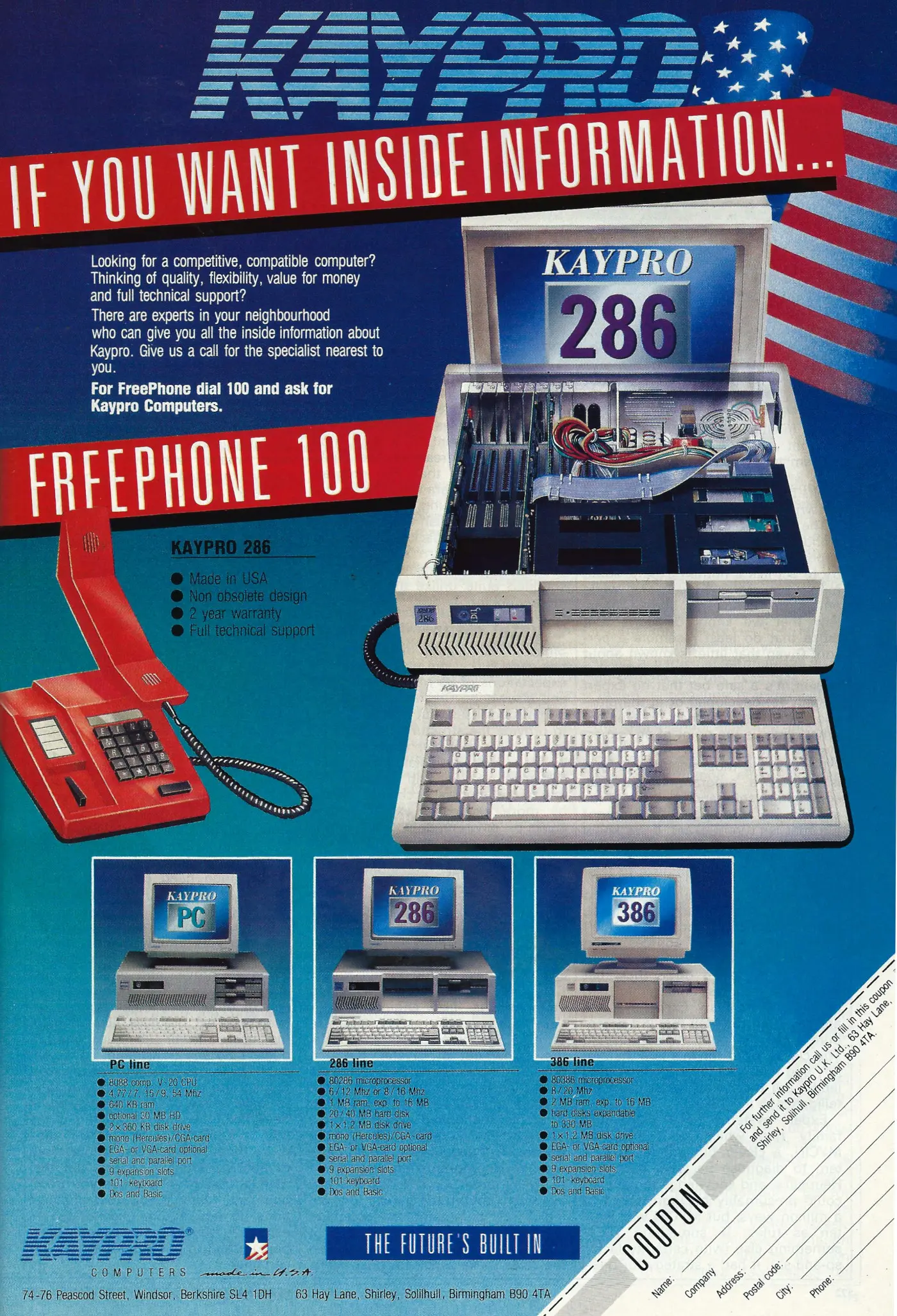 Kaypro Advert: Kaypro: if you want inside information... freephone 100, from Personal Computer World, November 1988