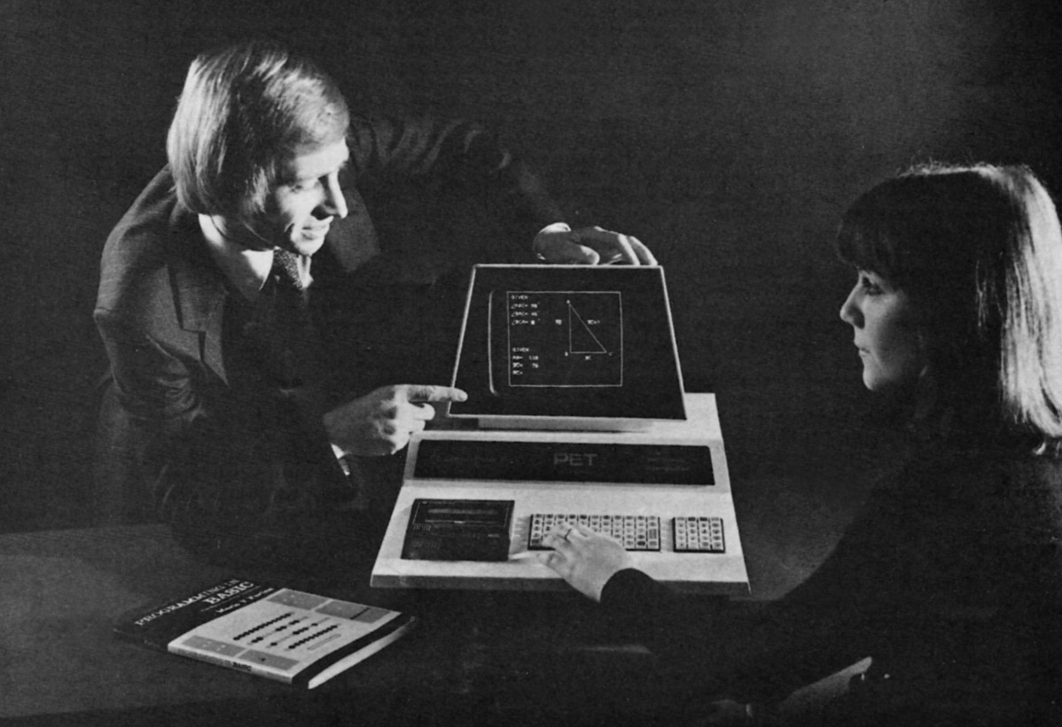 Kit Spencer and a Commodore <span class='hilite'><span class='hilite'>PET</span></span> 2001 in a photo which featured in the May 1978 edition of Personal Computer World
