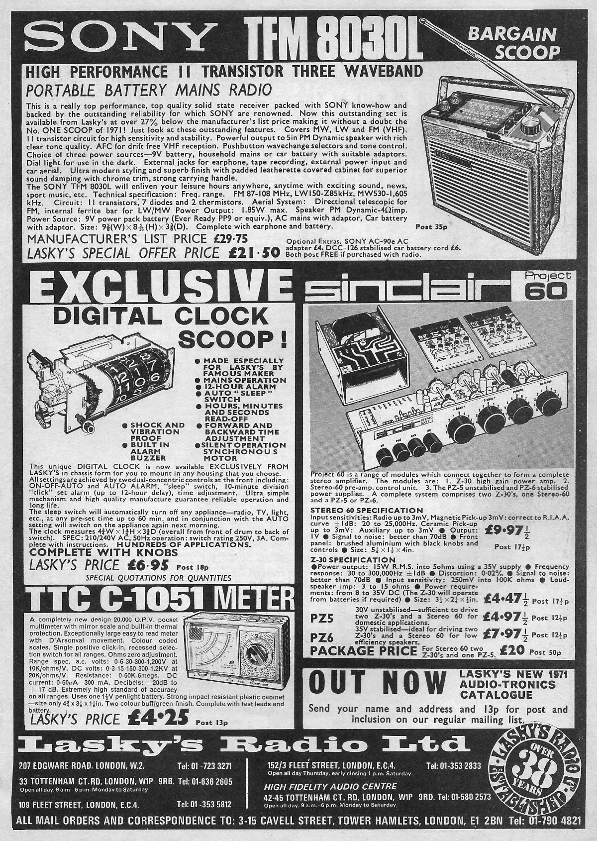 In a spooky echo of the future, Lasky's in 1971 - as Lasky's Radio <span class='hilite'><span class='hilite'>Ltd</span></span> - is also selling a Sinclair product, in this case audio components from the Project 60 range. From Practical Electronics, March 1971